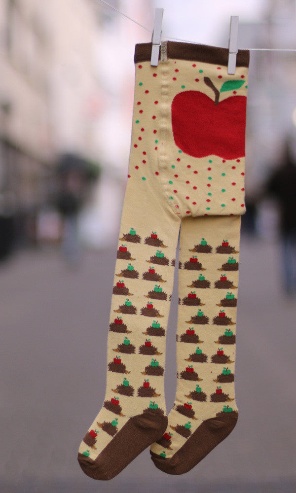 Kinder Strumpfhose Igel gelb mit Apfel auf dem Popo.