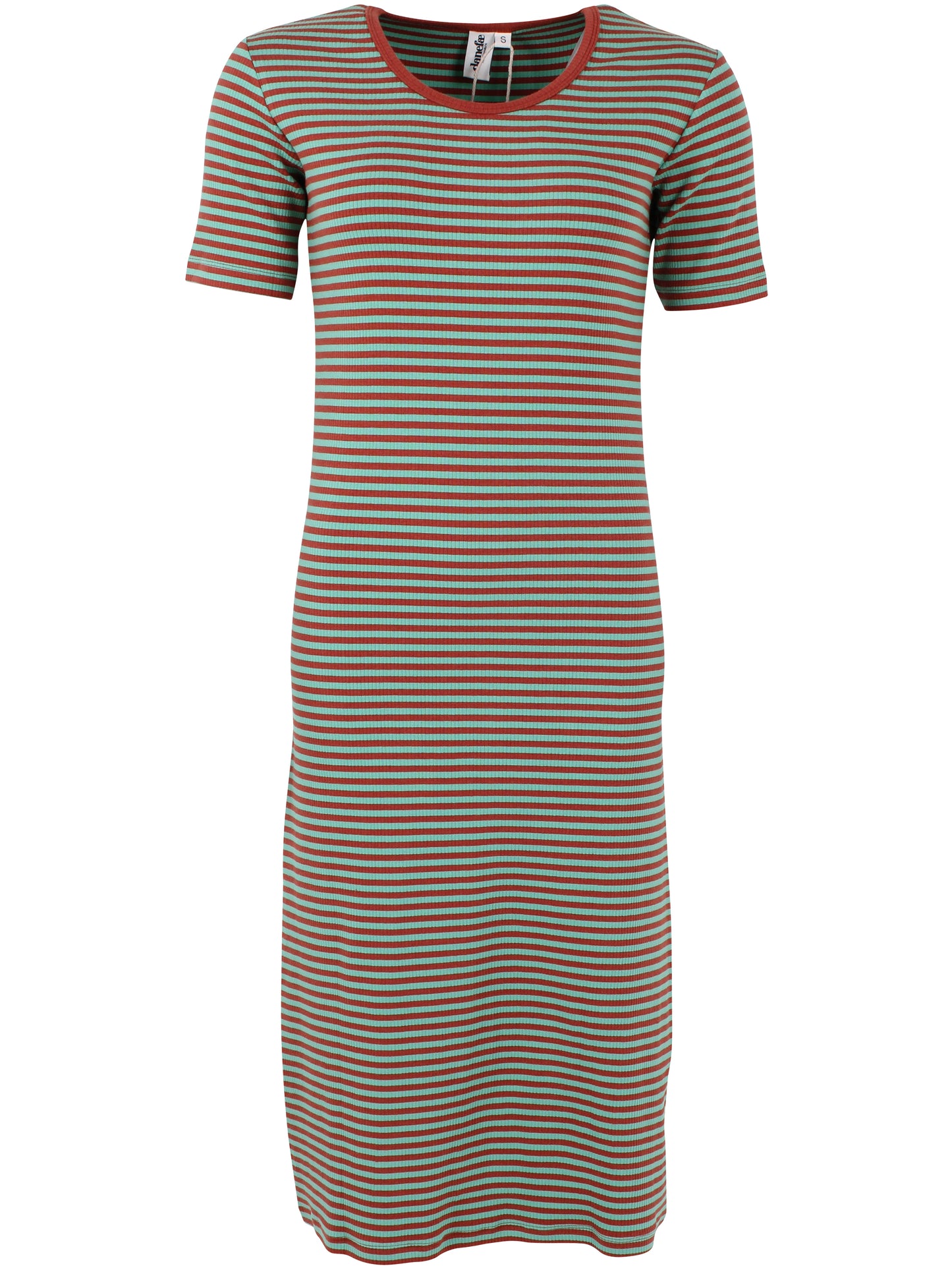 Damen Kleid kurzarm mit Ringeln in mint und rost aus schwerer Rib-Qualität Baumwolle.