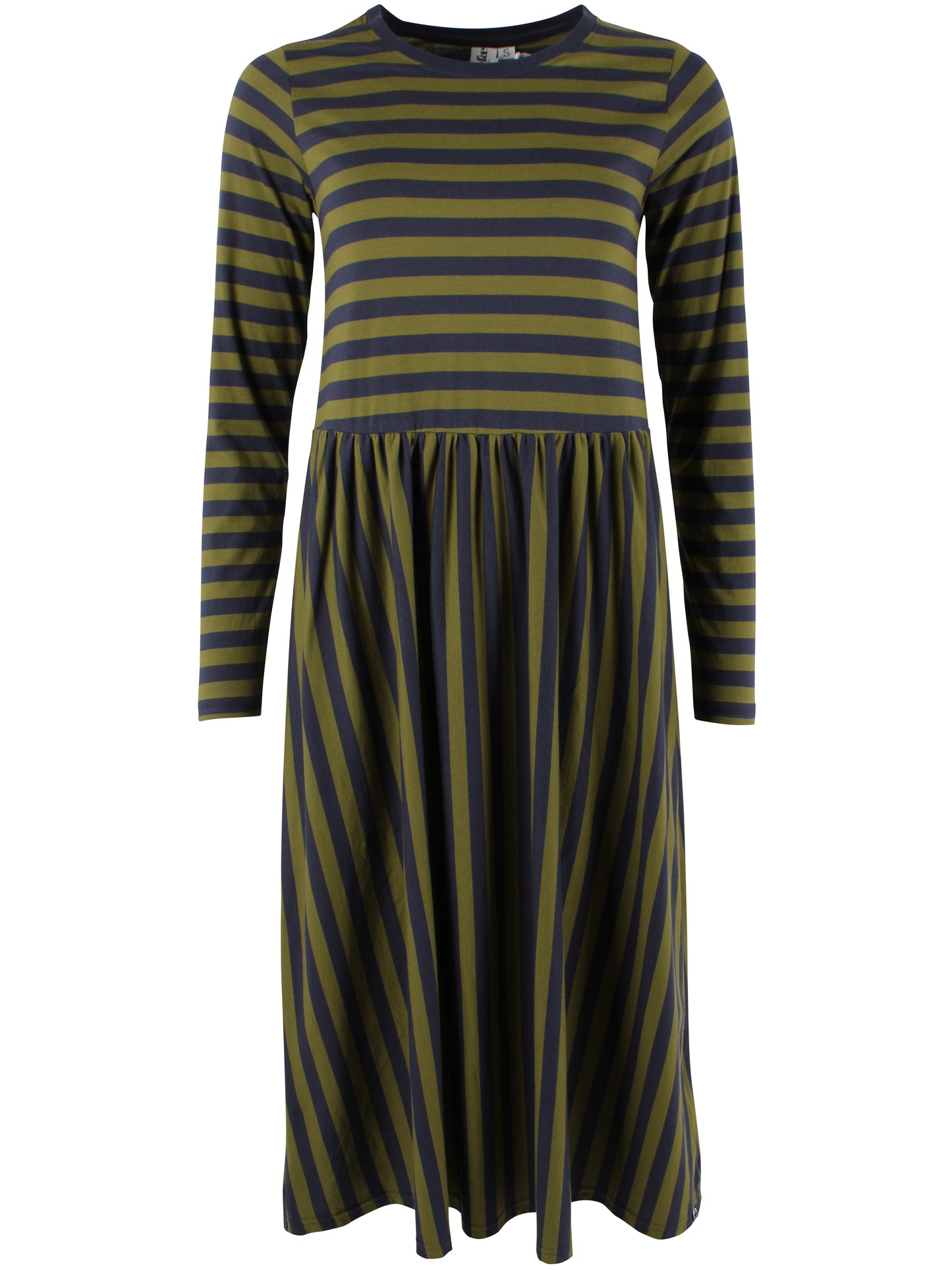 Jersey Ringelkleid mit langen Ärmeln von Danefae, blau und oliv.