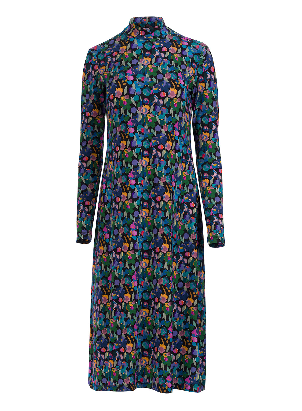 Kleid mit Turtleneck aus weich fließendem Viscosematerial mit tupfigem Blumenprint im Retrostil.