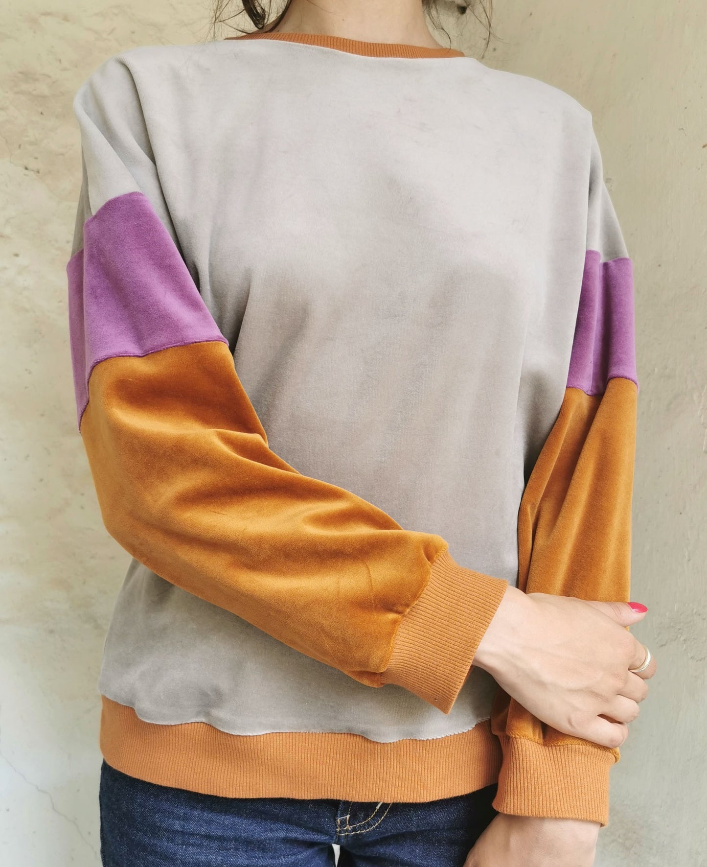 Nicky Sweater Colourblock in den Farben grau/lila/zimt von Fräulein Prusselise