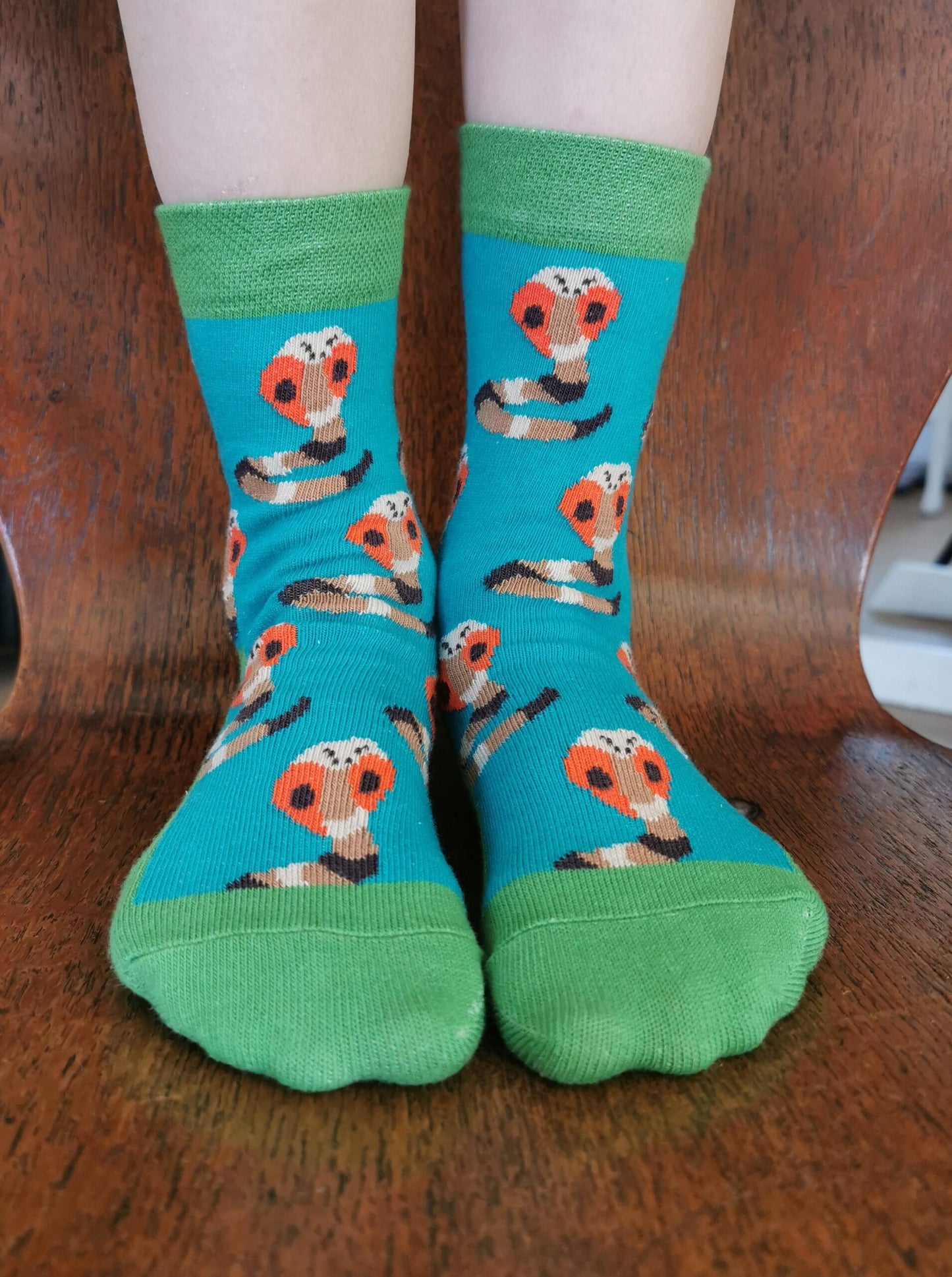 Socken mit Kobramotiv in grün und türkis, witzig macht Spaß.