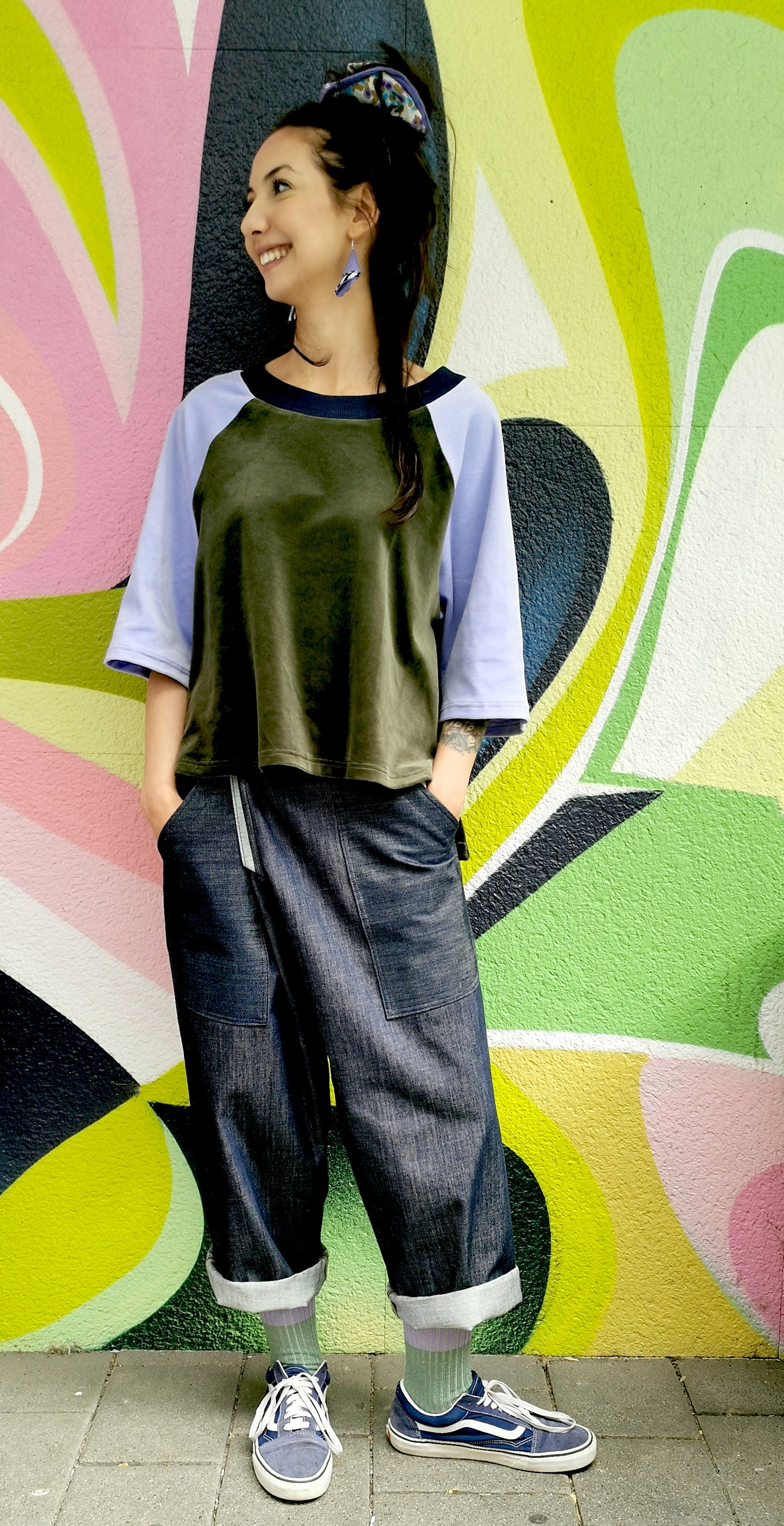 Weiches Nicky Top Colourblock in Farben Olive/Flieder von Fräulein Prusselise