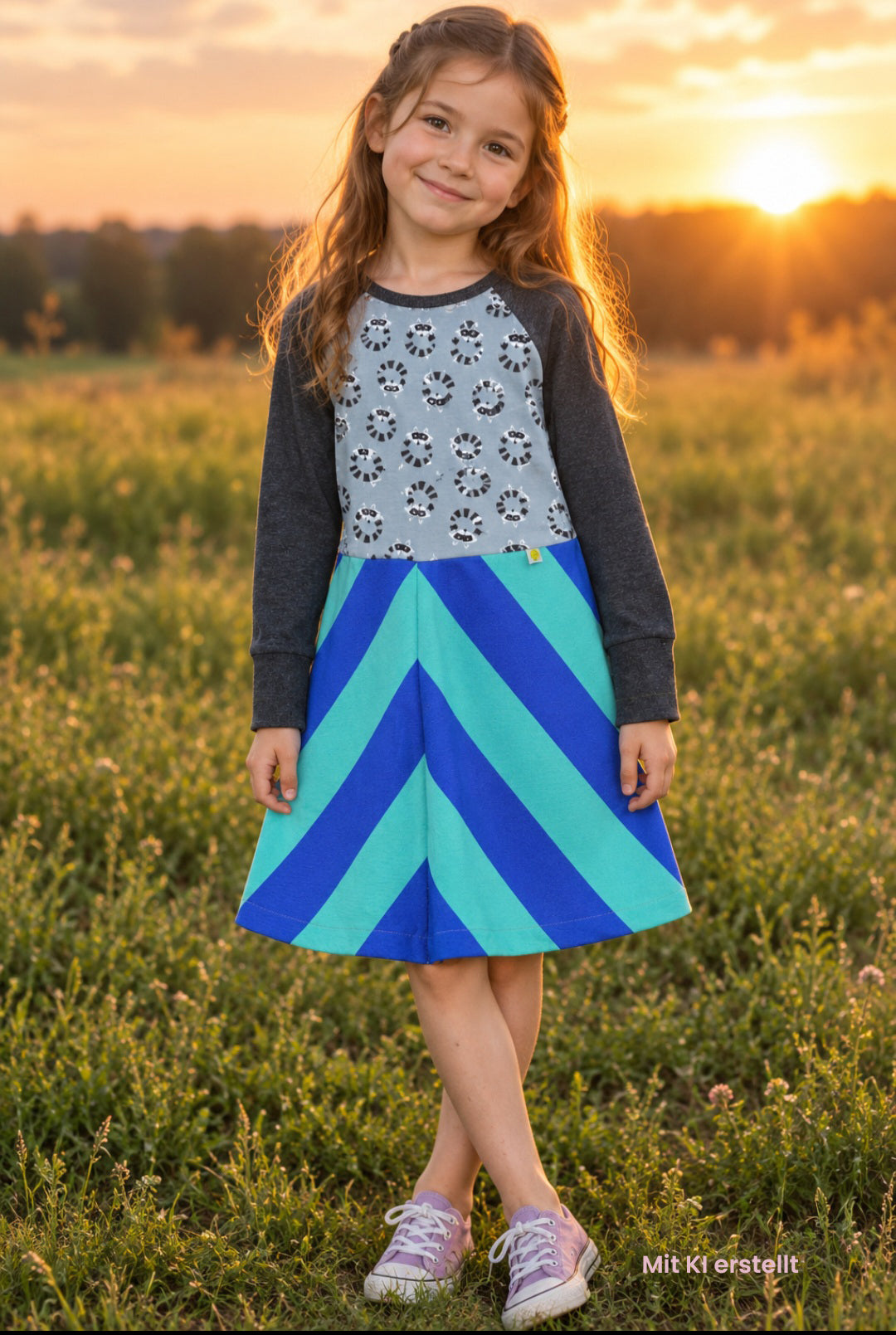 Kinderkleid mit gestreiftem Rockteil in türkis und blau mit angesetztem Oberteil mit Waschbärmister und dunkelgrauen Ärmeln.