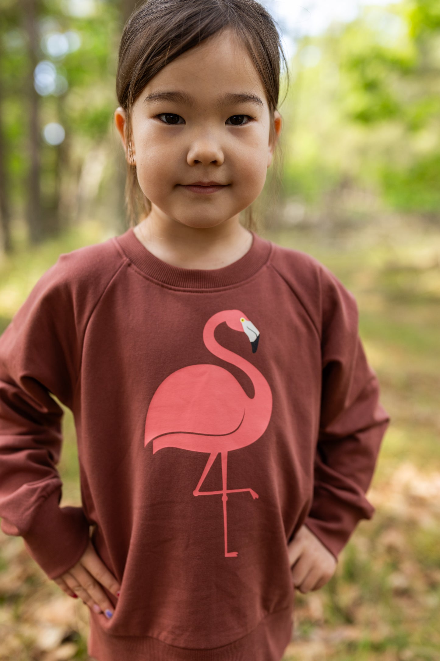 Kinder Sweatshirt mit Bündchen in klassischer Passform mit Flamingo Druck.