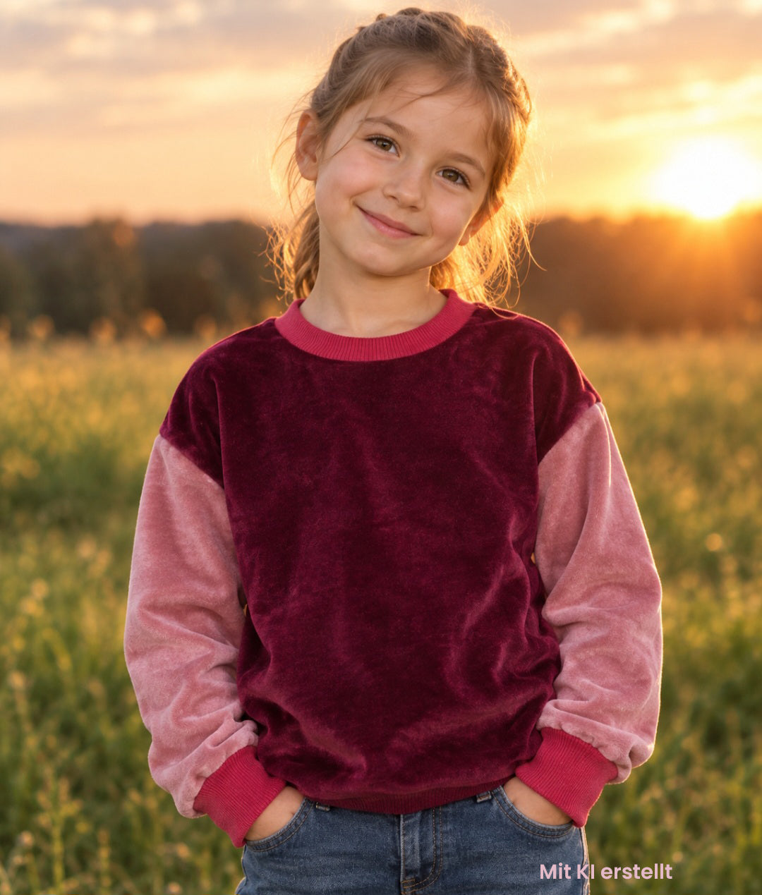 Weicher nicky Kindersweater mit rot Bündchen, rosa Ärmeln und brdeaux Korpus, Retro total.