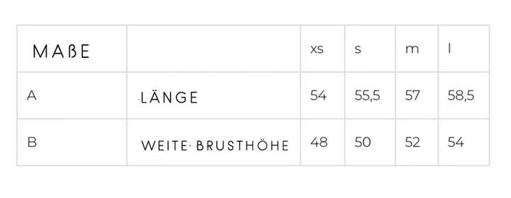Maßtabelle zu den tyb Westen der Firma Alwero