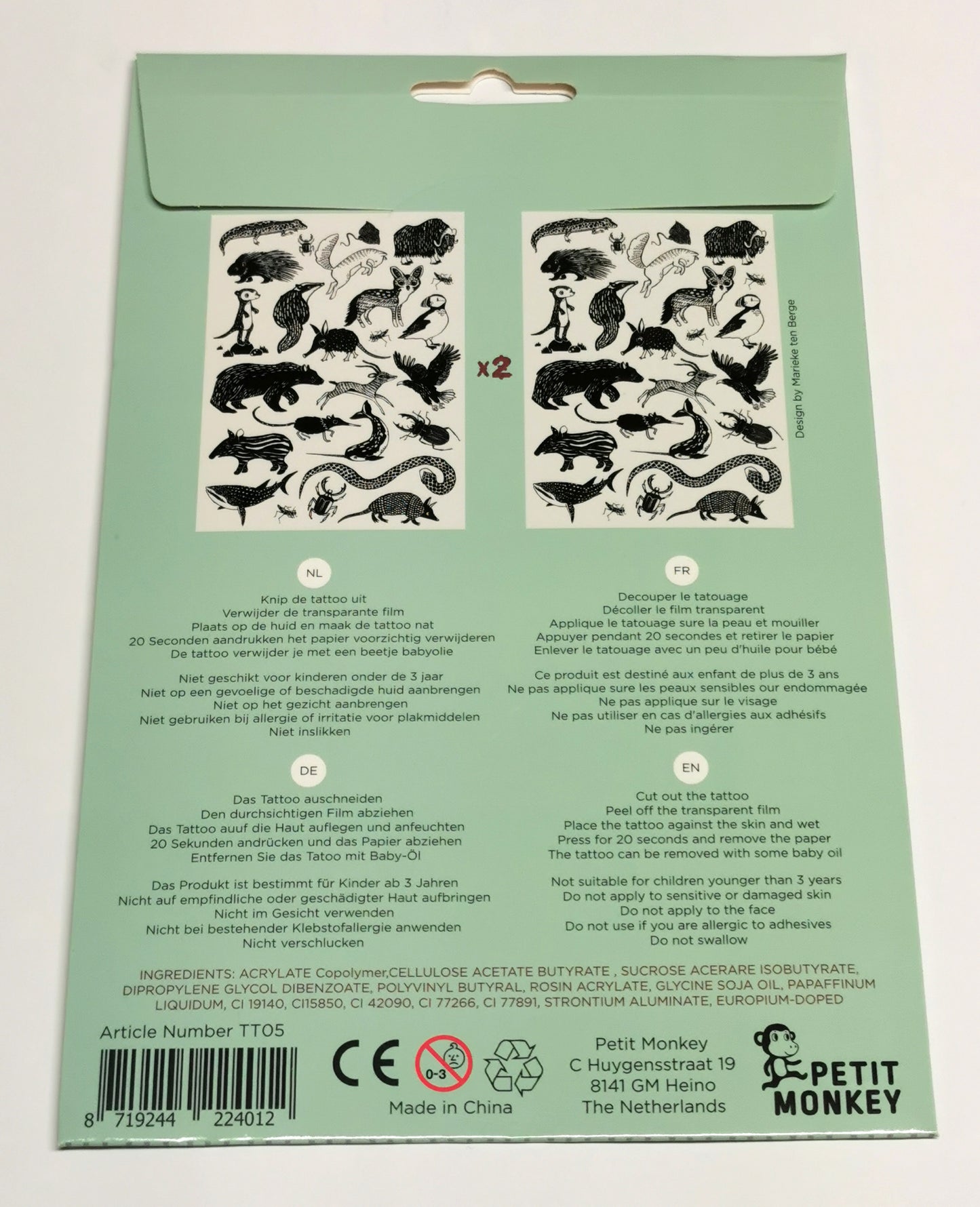 Niedliche schwarz/weiss Klebetattoos für Kinder mit verschiedenen Tierchen in Retrooptik.