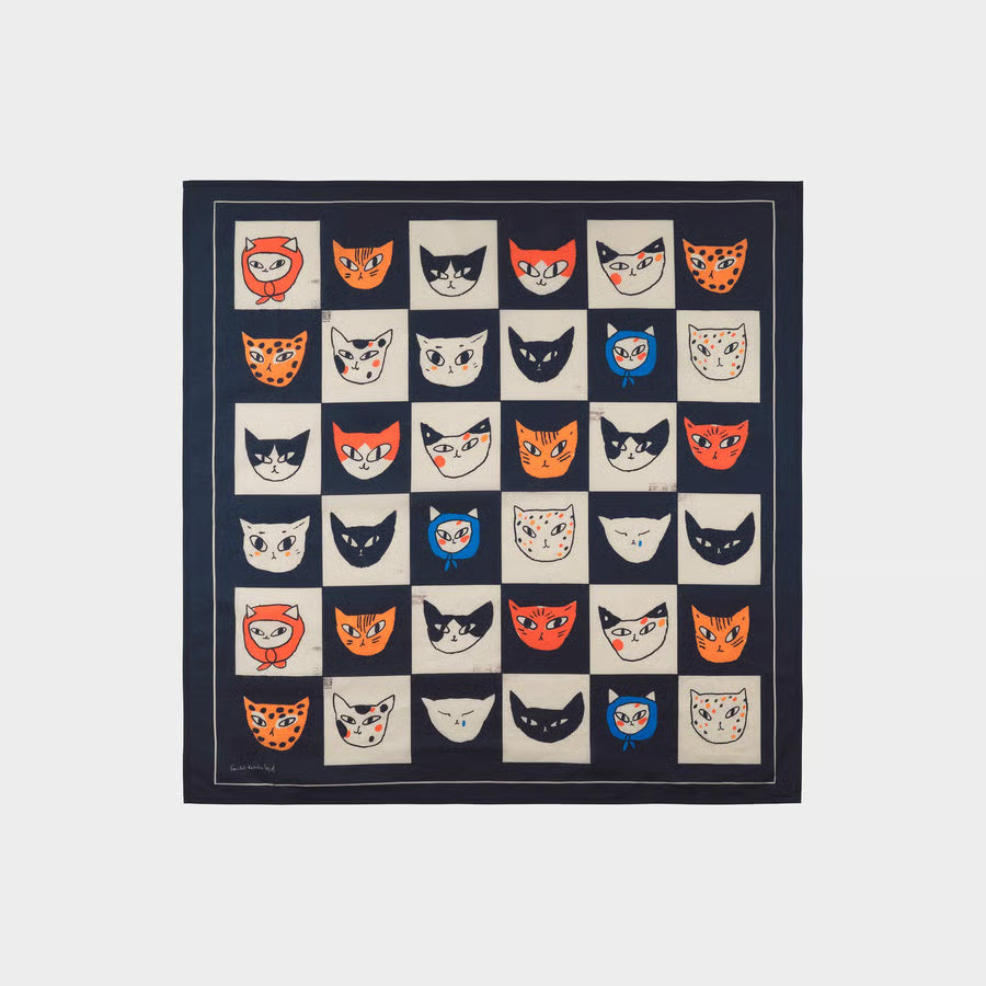 Halstuch Quadratisch in 59x59cm auch bequem als Kopftuch zu tragen, Katzenmuster im Schachbrett, jedes Karo zeigt eine andere Kitty.