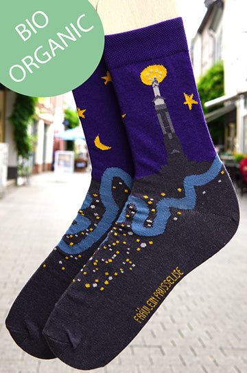 Socke mit dem Trier Wahrzeichen, der Mariensäule über der Moselschleife mit den Lichtern der Stadt.