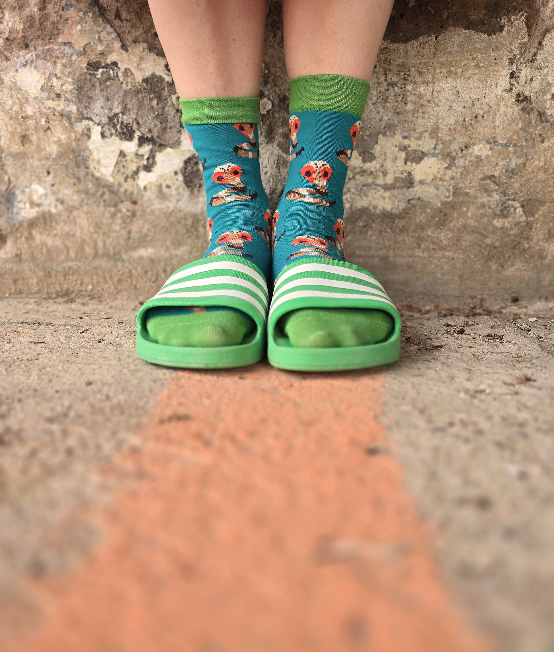 Socken in türkis mit multicolor Kobra Motiv und grünen Kanten, witzig und ein toller Farbakzent.