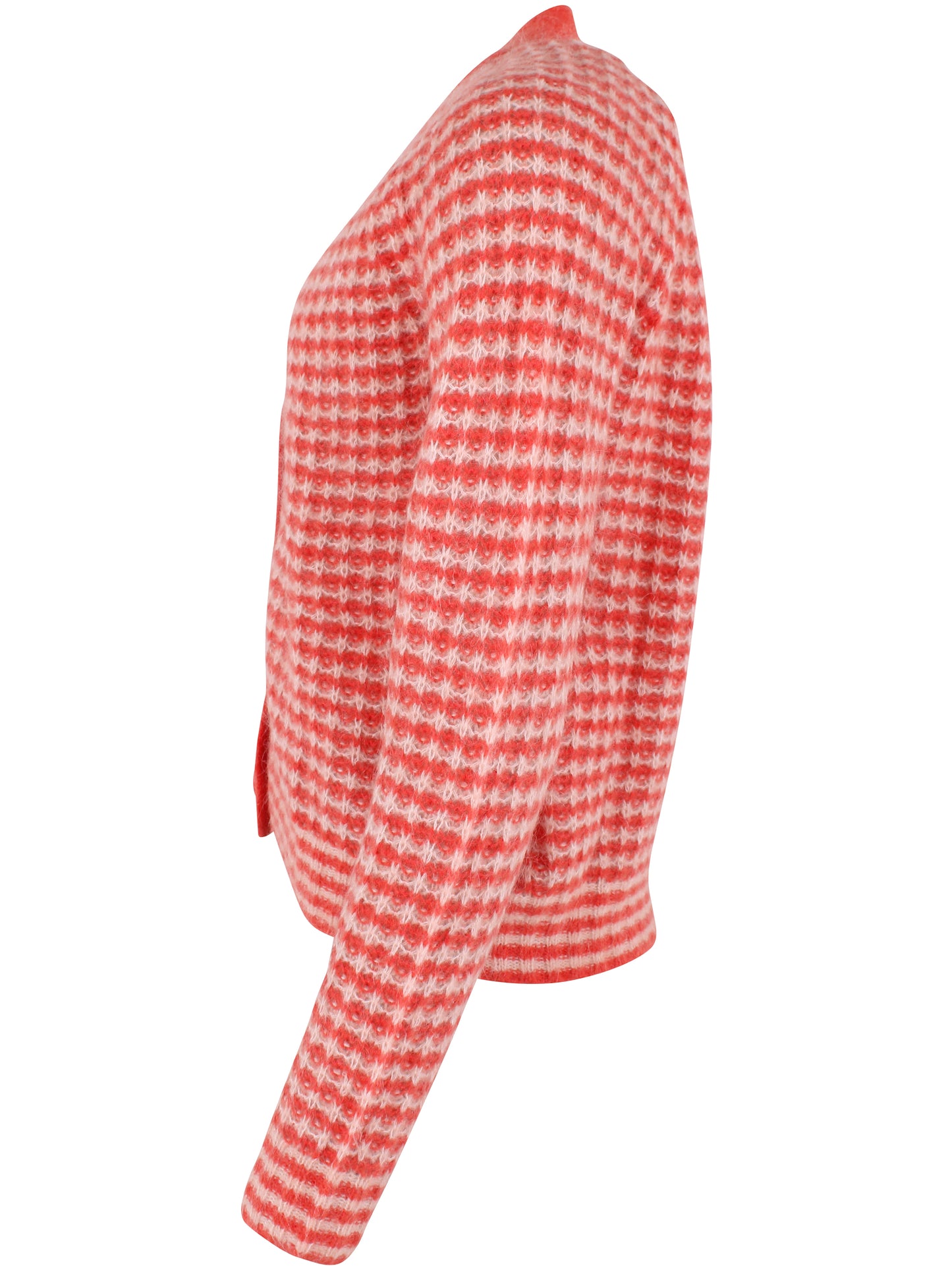 Strick Cardigan in kuscheliger Alpacka olle mit Karomuster und abgesetzter koralle Knopfleiste