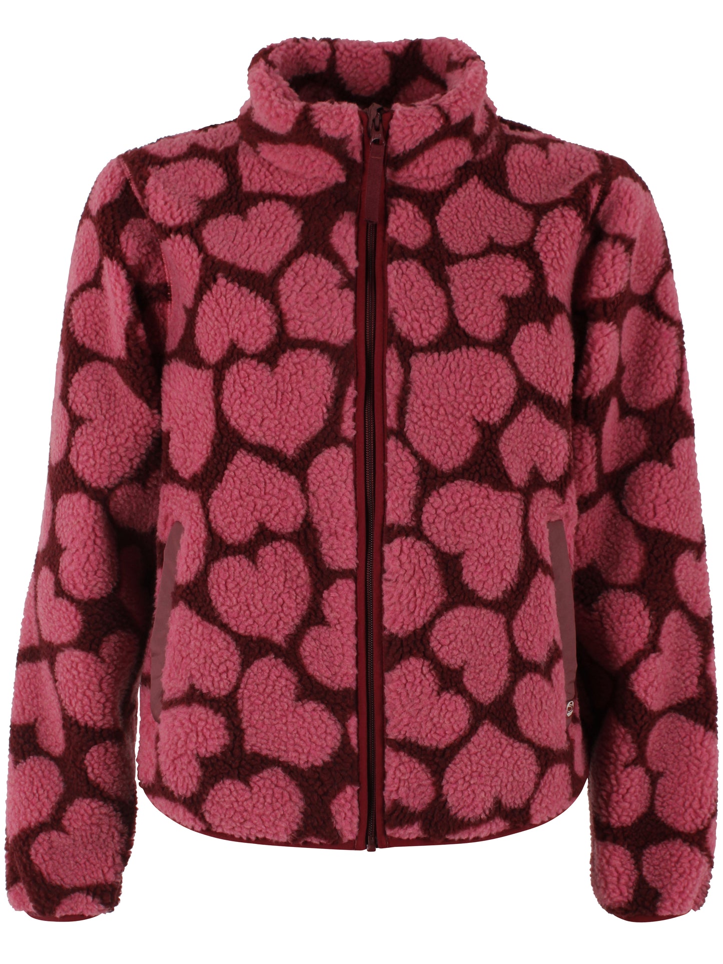 Jacke aus Teddyplüsch, klassisch gerader Schnitt mit kleinem Stehragen und Herzen Muster in Dunkelrot und Pink.