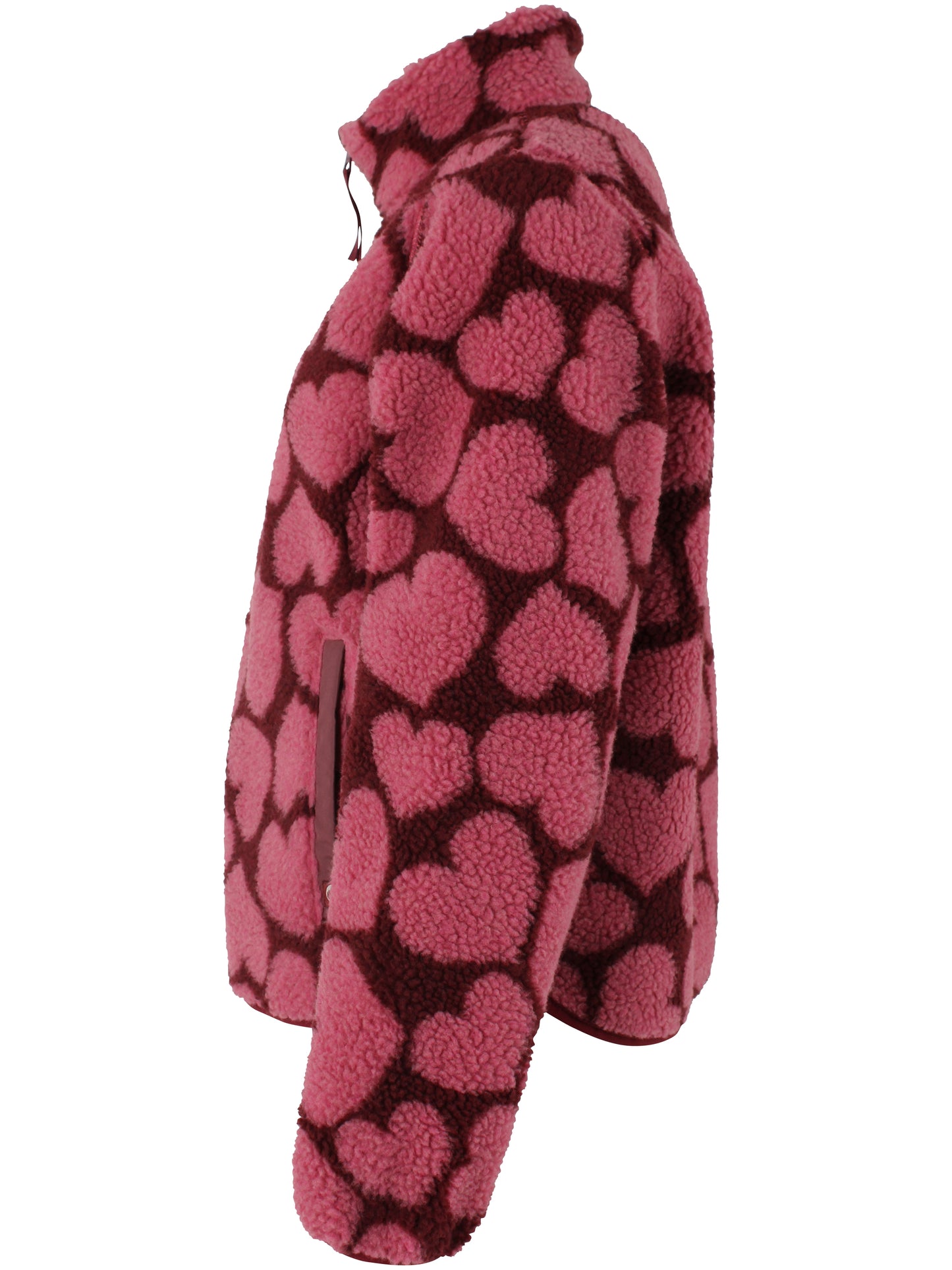 Jacke aus Teddyplüsch, klassisch gerader Schnitt mit kleinem Stehragen und Herzen Muster in Dunkelrot und Pink.