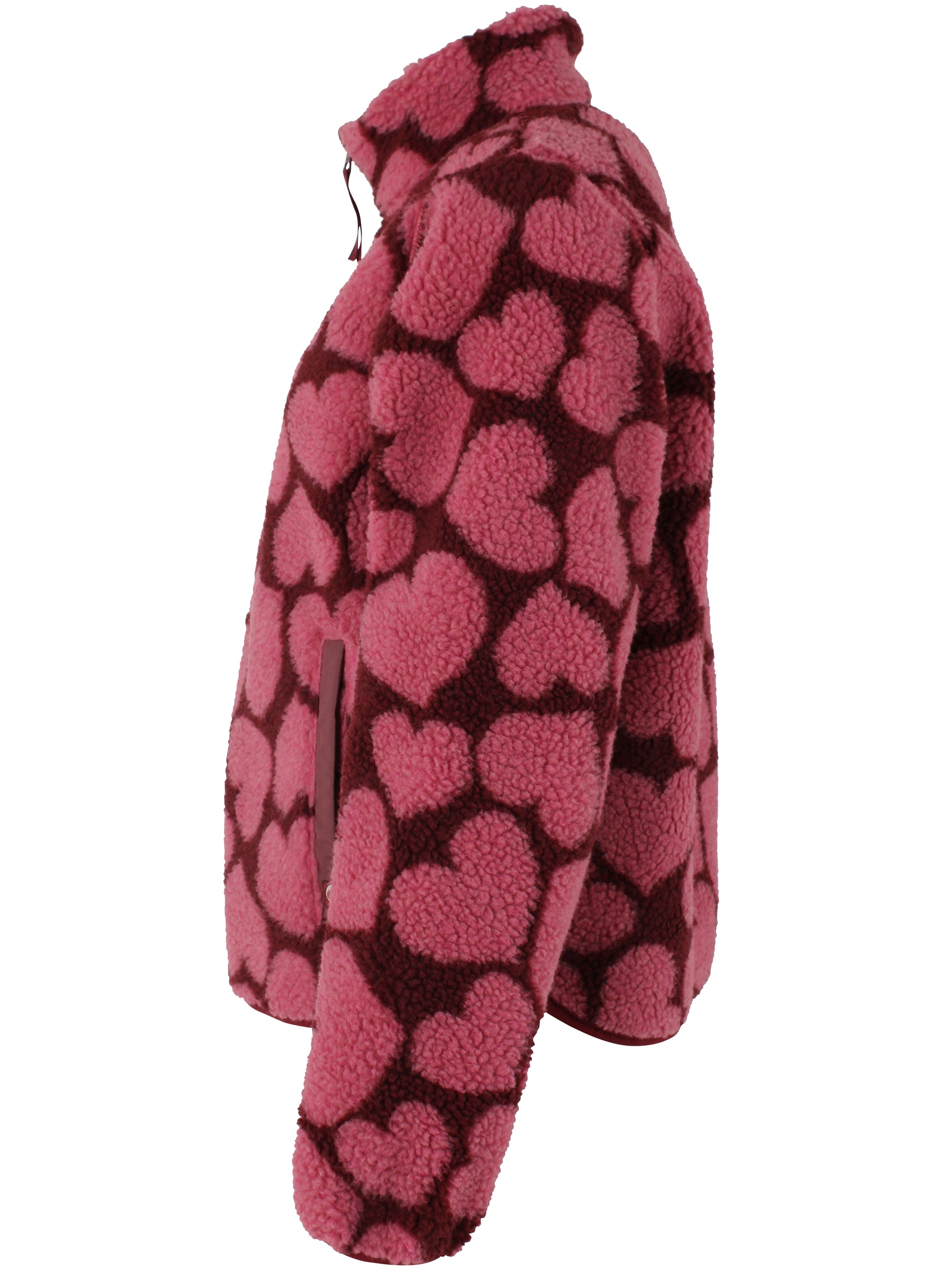 Jacke aus Teddyplüsch, klassisch gerader Schnitt mit kleinem Stehragen und Herzen Muster in Dunkelrot und Pink.
