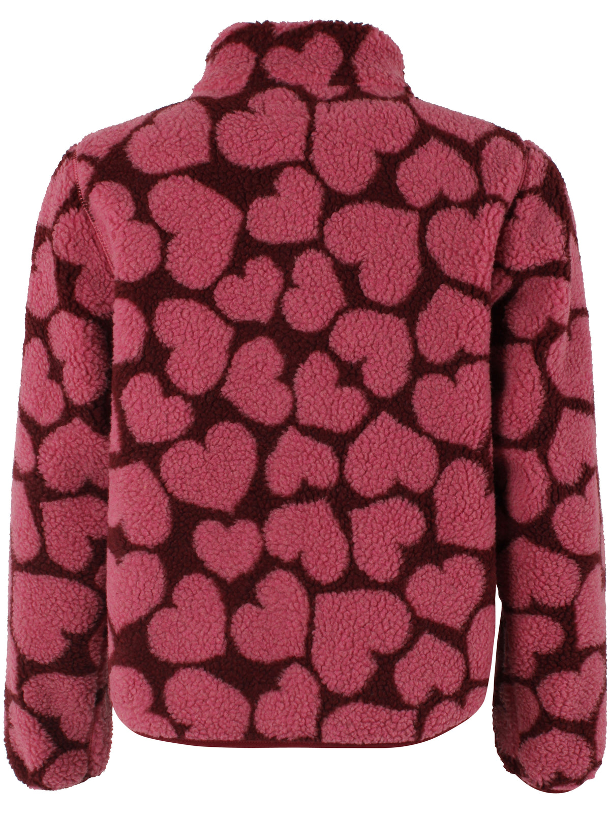 Jacke aus Teddyplüsch, klassisch gerader Schnitt mit kleinem Stehragen und Herzen Muster in Dunkelrot und Pink.