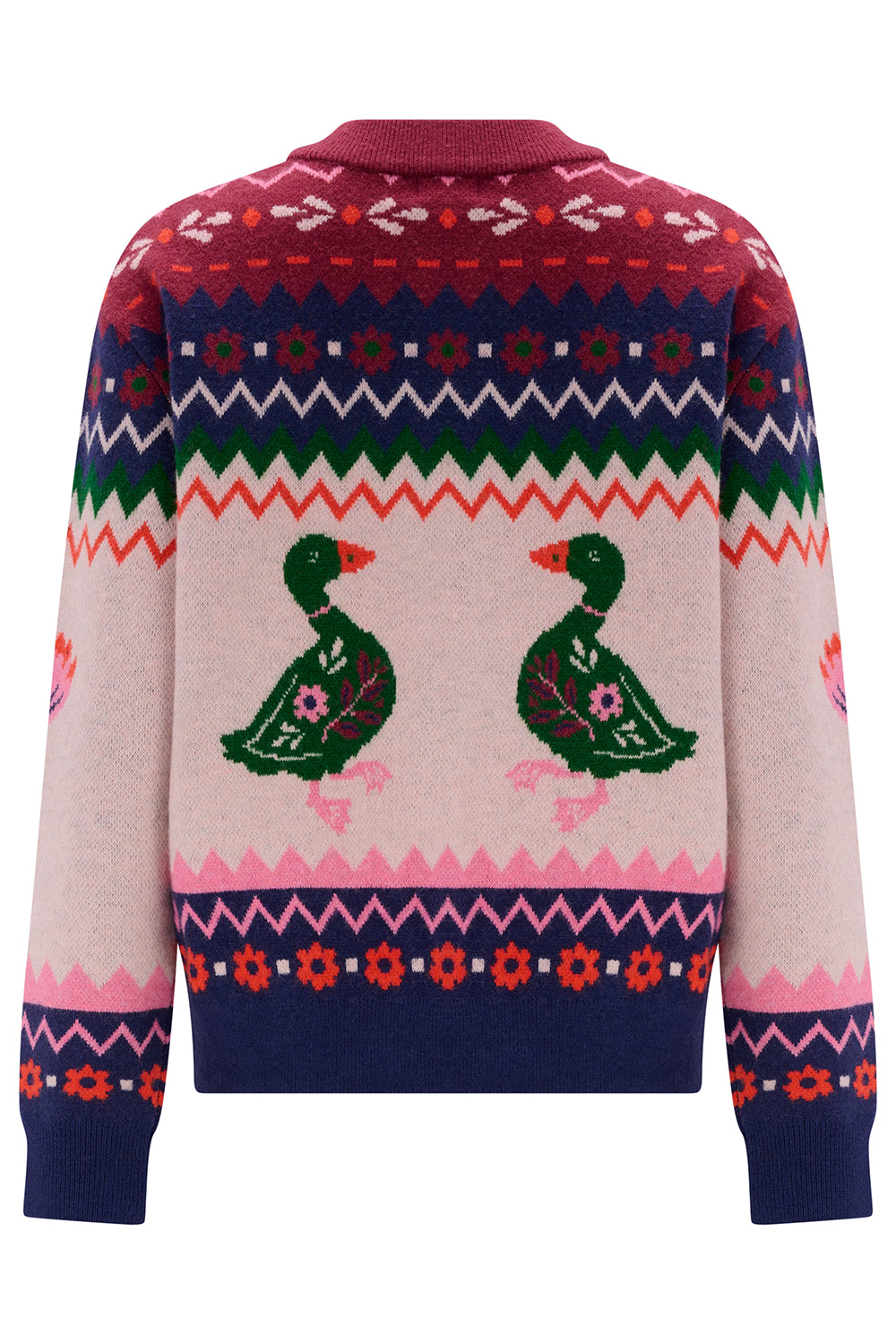 Strickjacke der Firma Sugarhill mit Reißverschuss im witzigen Opi Muster Stil, aber dafür mit Entenmuster Rundlaufend, gesäumt von Blümchen und Blättern in blau, pink und rot.