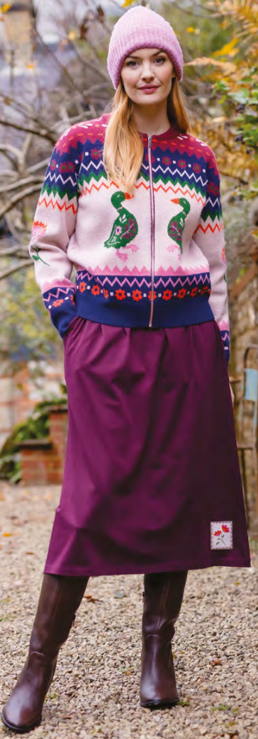 Strickjacke der Firma Sugarhill mit Reißverschuss im witzigen Opi Muster Stil, aber dafür mit Entenmuster Rundlaufend, gesäumt von Blümchen und Blättern in blau, pink und rot.