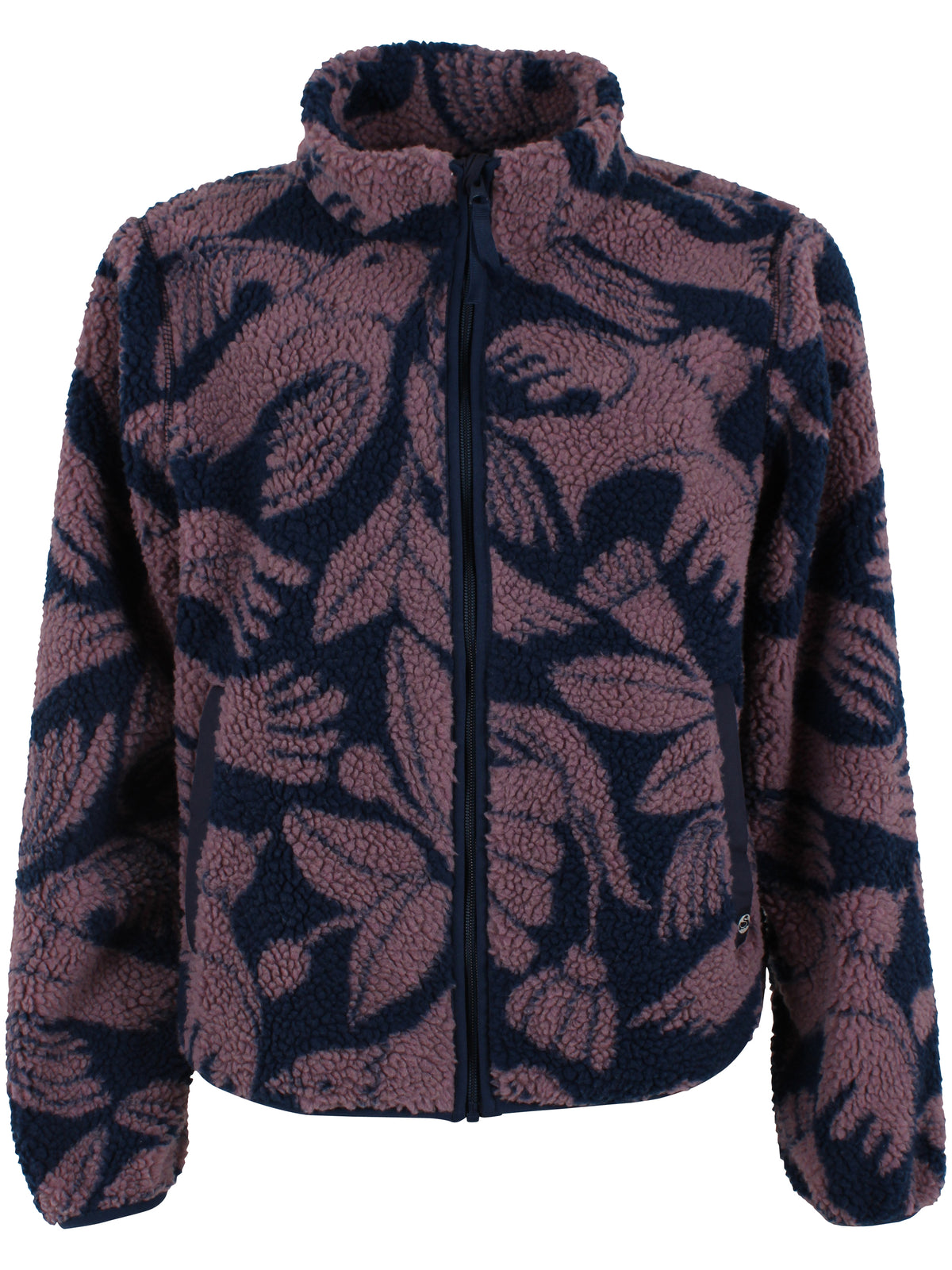 Jacke aus Teddyplüsch, klassisch gerader Schnitt mit kleinem Sehragen und Vogel-Blumen Muster in Pflaume und Dunkelblau.