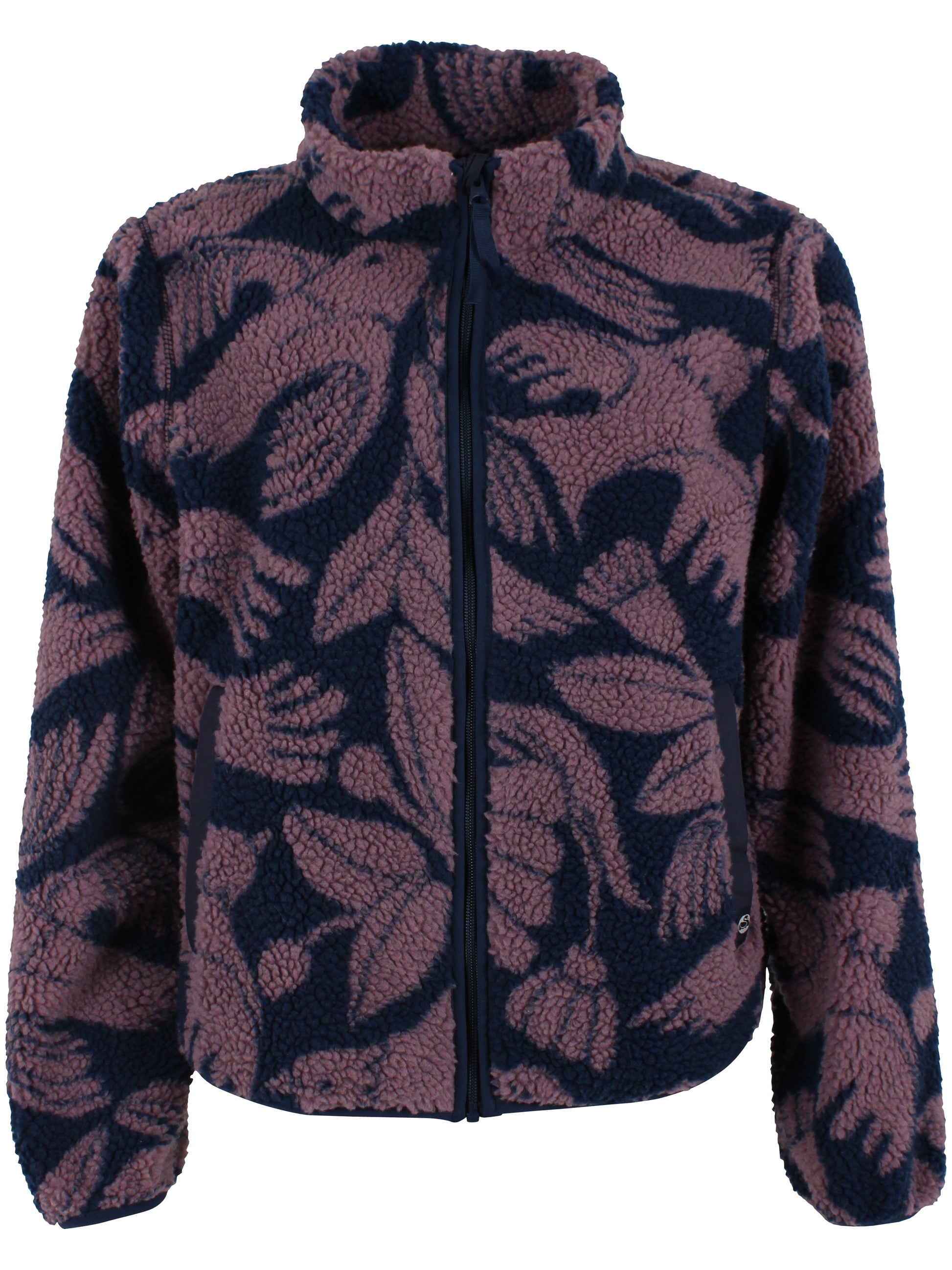 Jacke aus Teddyplüsch, klassisch gerader Schnitt mit kleinem Sehragen und Vogel-Blumen Muster in Pflaume und Dunkelblau.