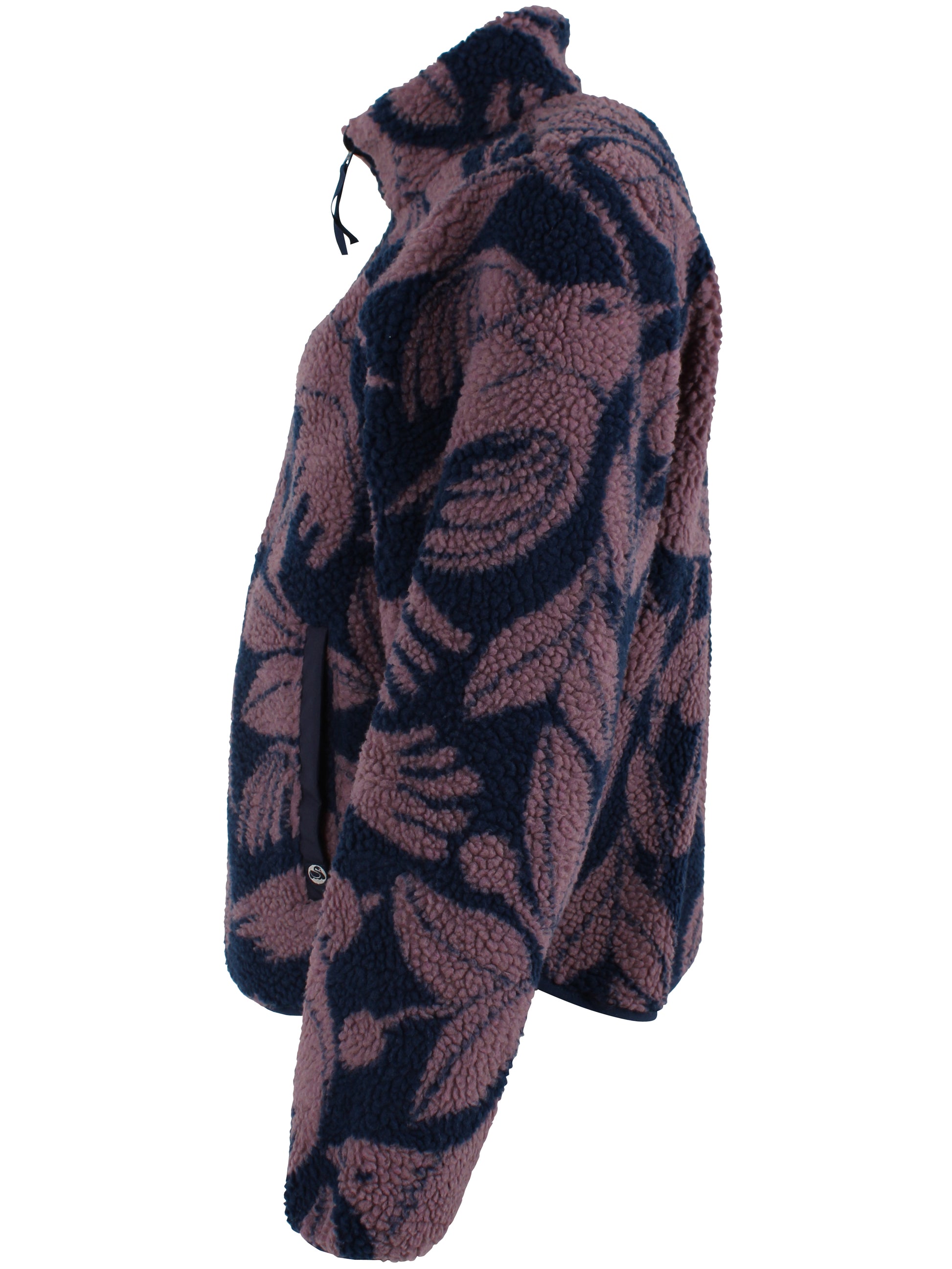 Jacke aus Teddyplüsch, klassisch gerader Schnitt mit kleinem Sehragen und Vogel-Blumen Muster in Pflaume und Dunkelblau.