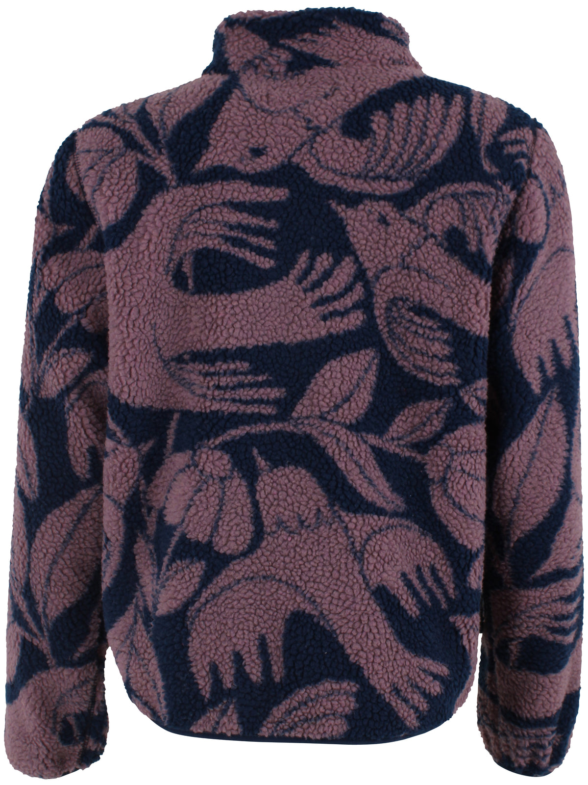 Jacke aus Teddyplüsch, klassisch gerader Schnitt mit kleinem Sehragen und Vogel-Blumen Muster in Pflaume und Dunkelblau.