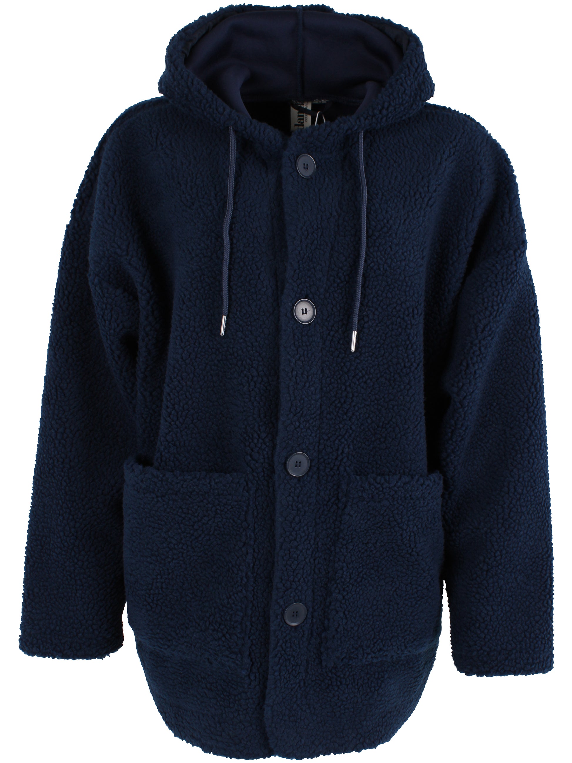 Kuschelige Teddy Feece Jacke mit Knöpfen und Kapue in navy-blau.