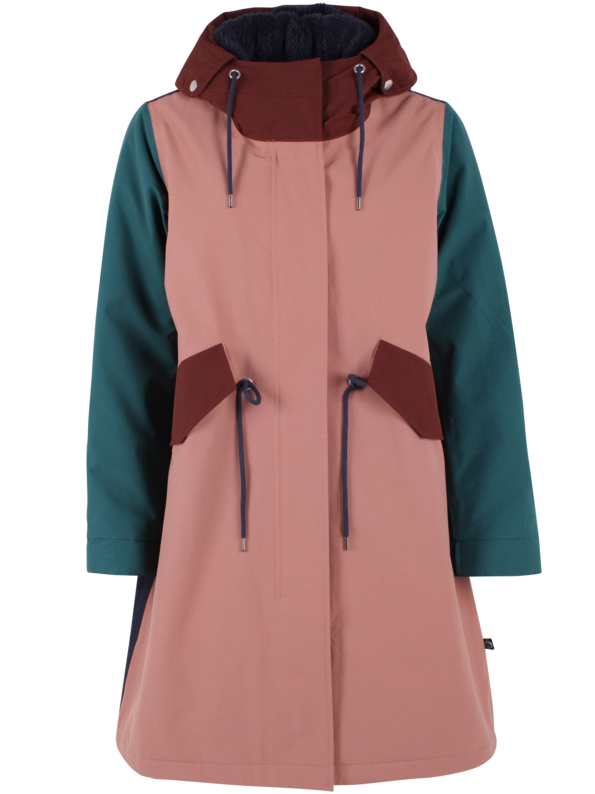 Winterparka mit Kapuze im tendy Colourblock Style mit blau, gruen, altrosé und bordeau.