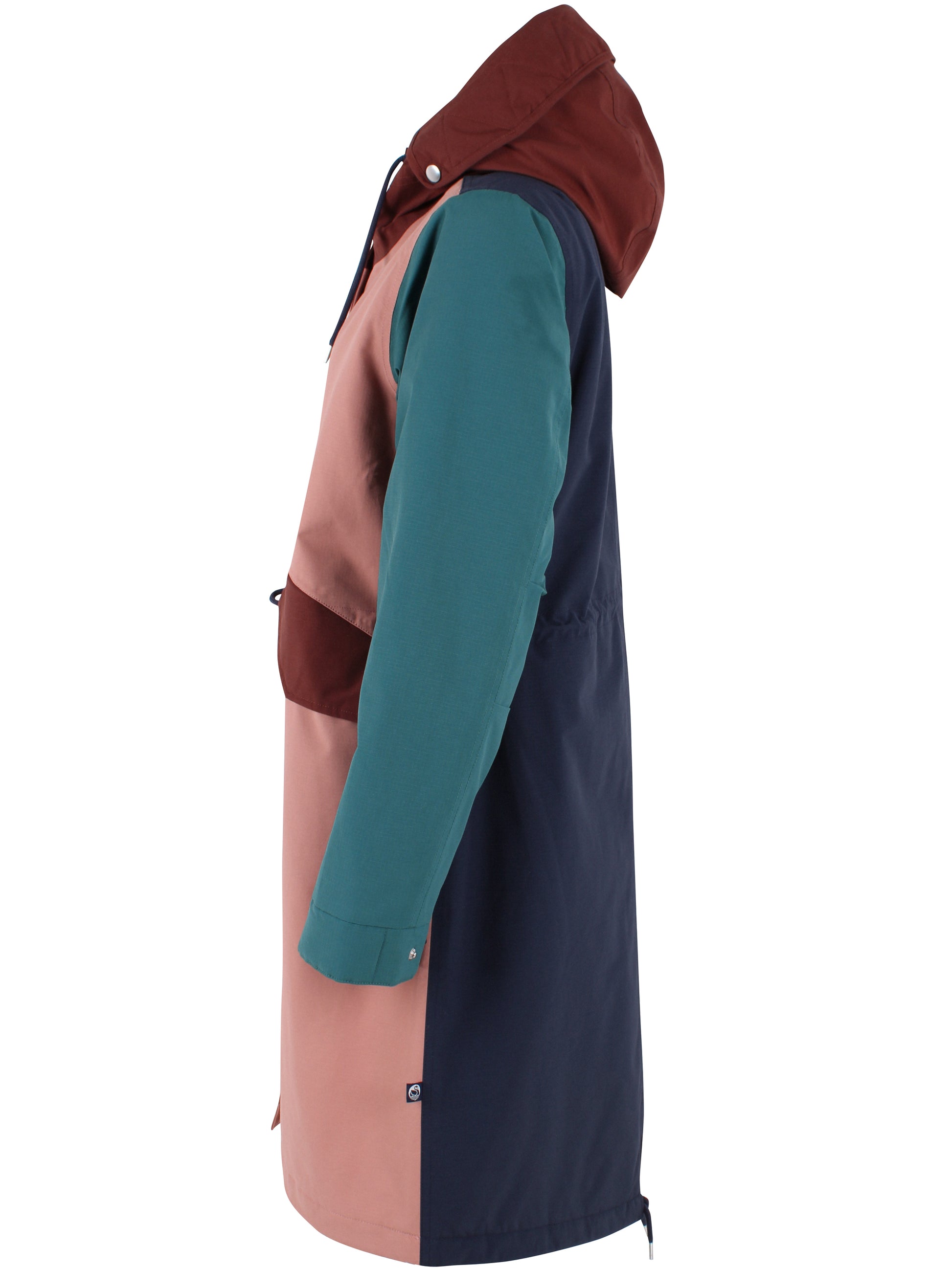 Winterparka mit Kapuze im tendy Colourblock Style mit blau, gruen, altrosé und bordeau.