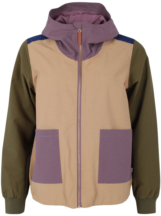 Winddichte Übergangs Regenjacke im Colourblock Design lila,navy und oliv, Kapuze und Aufsastztaschen, Funktion trifft Design.