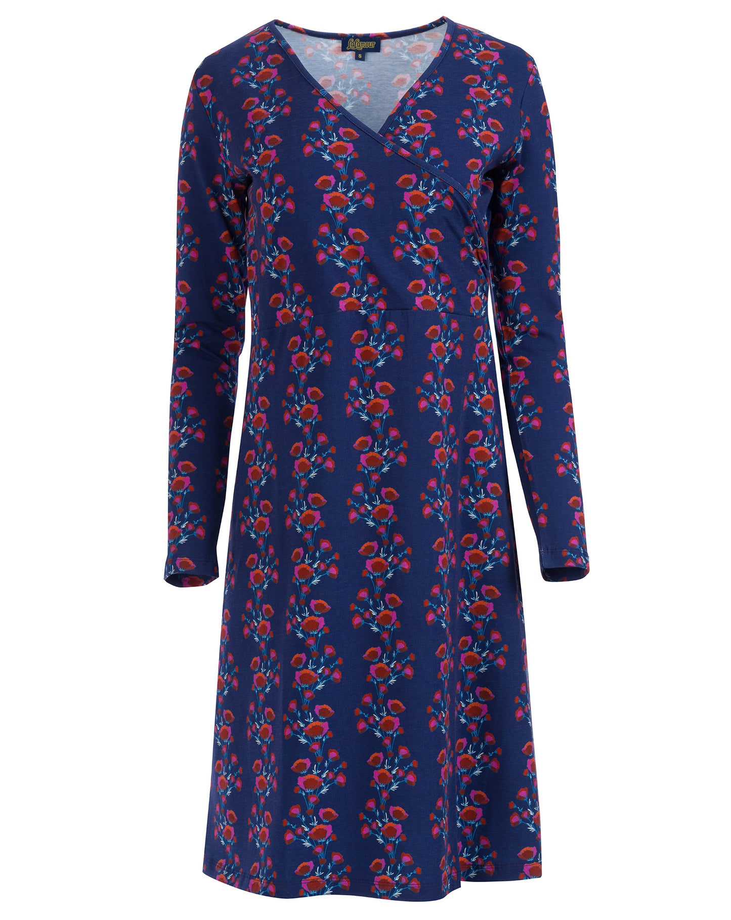 Ladylike, figurbetontes Kleid aus Jersey mit Wickeloptik im Brustbereich. Blau und Rot geblümt.