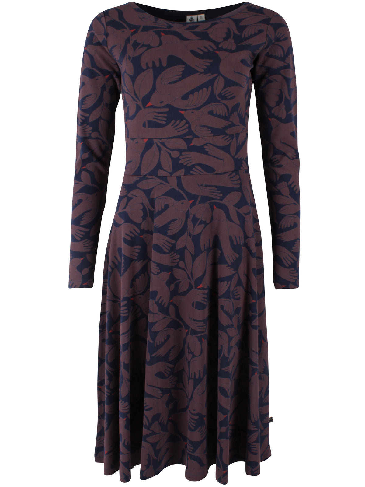 Kleid mit Vogel-und Blumenmuster, Oberteil enganliegend und Rockteil weit schwingend, die Farben dunkelblau und pflaume bilden das perfete Herbstmatch.
