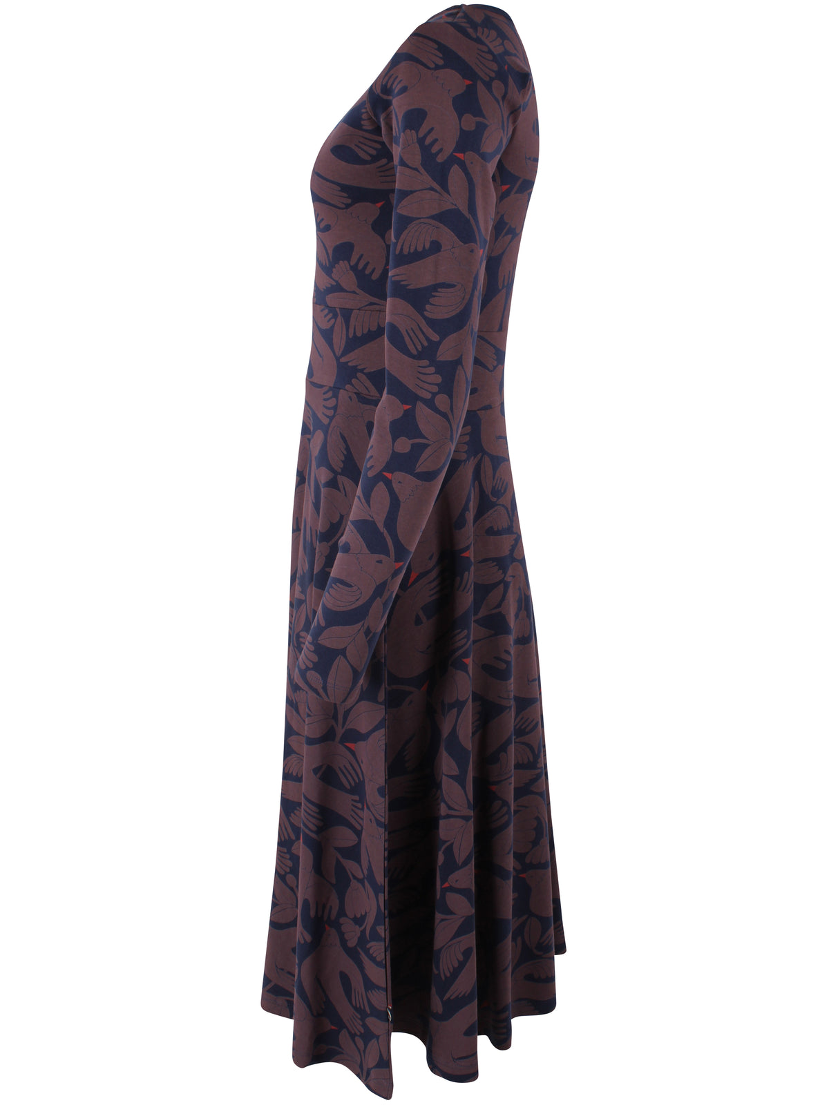 Kleid mit Vogel-und Blumenmuster, Oberteil enganliegend und Rockteil weit schwingend, die Farben dunkelblau und pflaume bilden das perfete Herbstmatch.