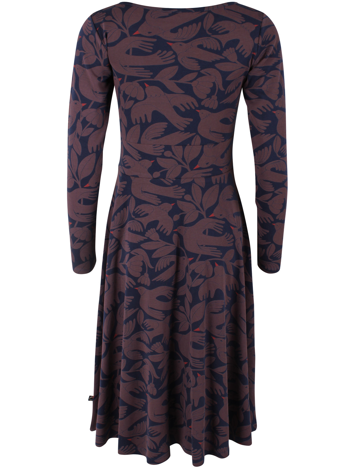 Kleid mit Vogel-und Blumenmuster, Oberteil enganliegend und Rockteil weit schwingend, die Farben dunkelblau und pflaume bilden das perfete Herbstmatch.
