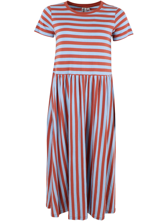 Damen Kleid im T-Shirt Jersey Look, locker geschnitten mit Ringeln allover in hellblau und faded rust.