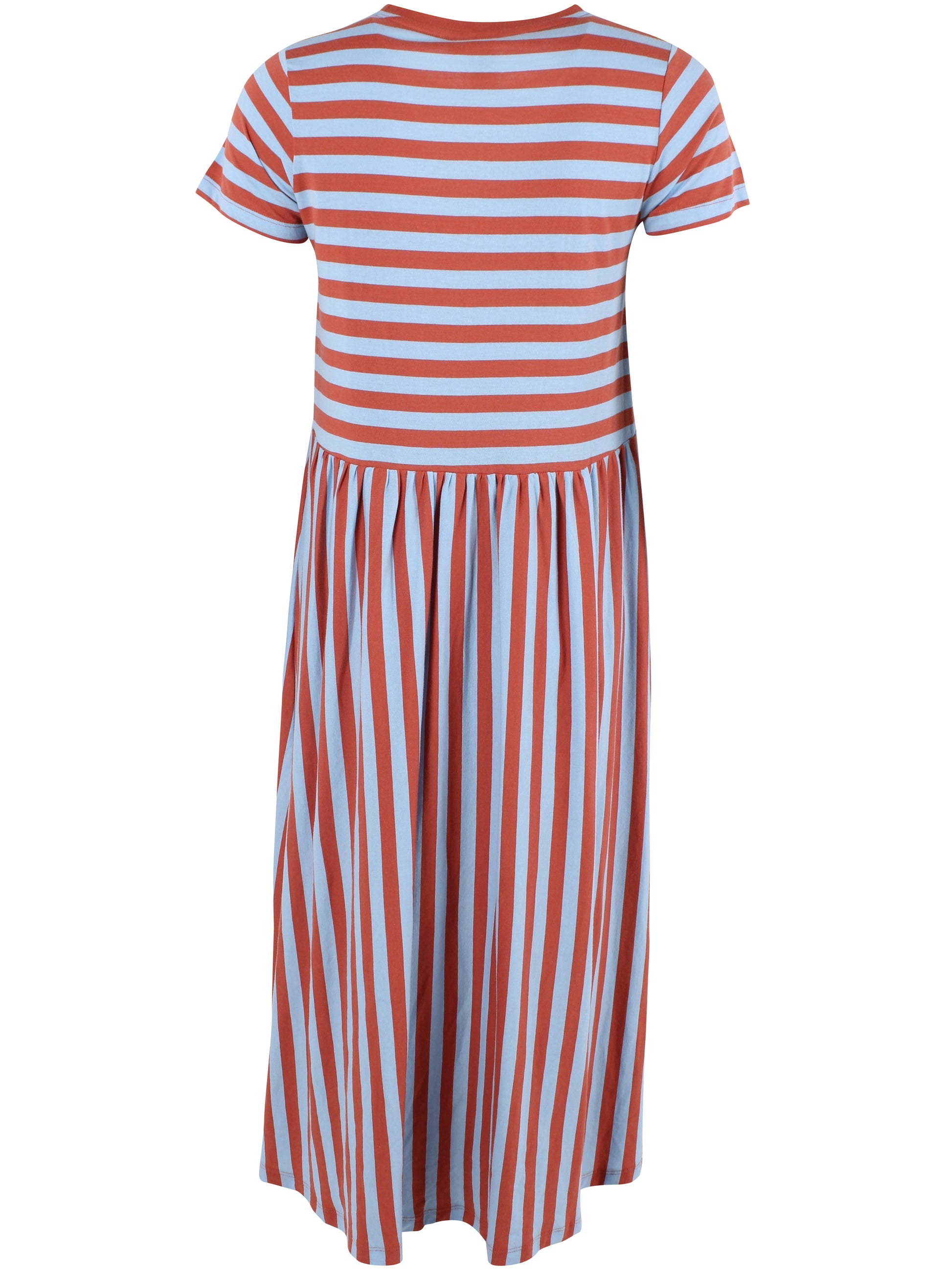 Damen Kleid im T-Shirt Jersey Look, locker geschnitten mit Ringeln allover in hellblau und faded rust.