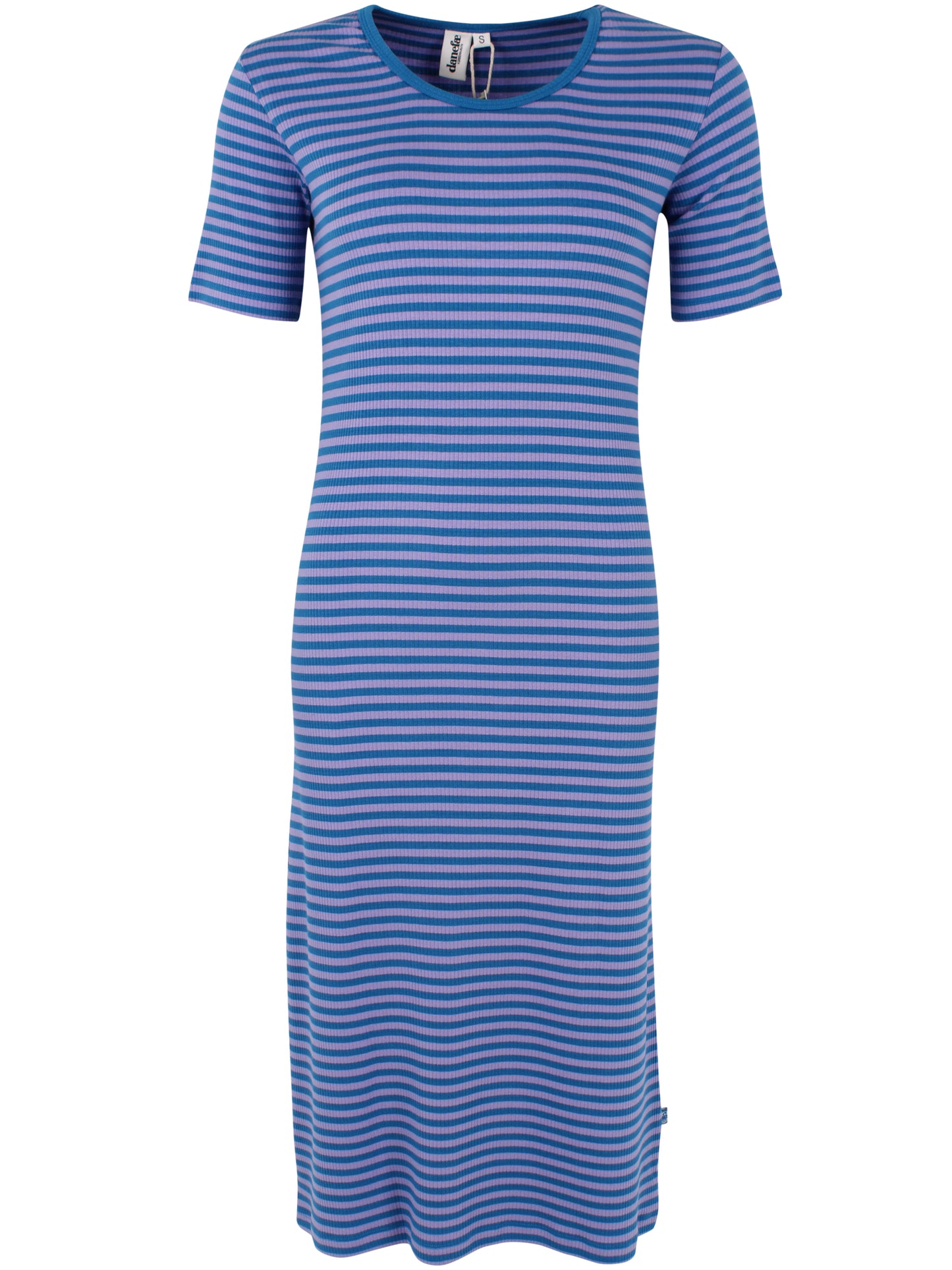 Damen Kleid kurzarm mit Ringeln in blau und lila aus schwerer Rib-Qualität Baumwolle.