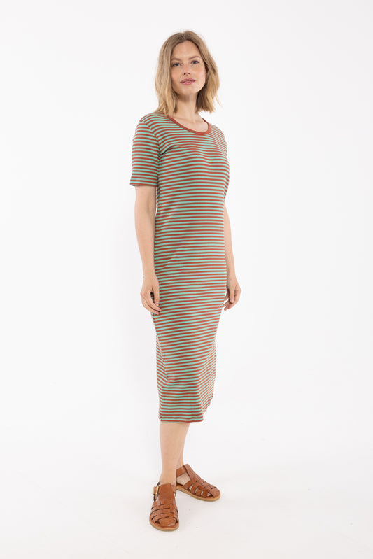 Damen Kleid kurzarm mit Ringeln in mint und rost aus schwerer Rib-Qualität Baumwolle.