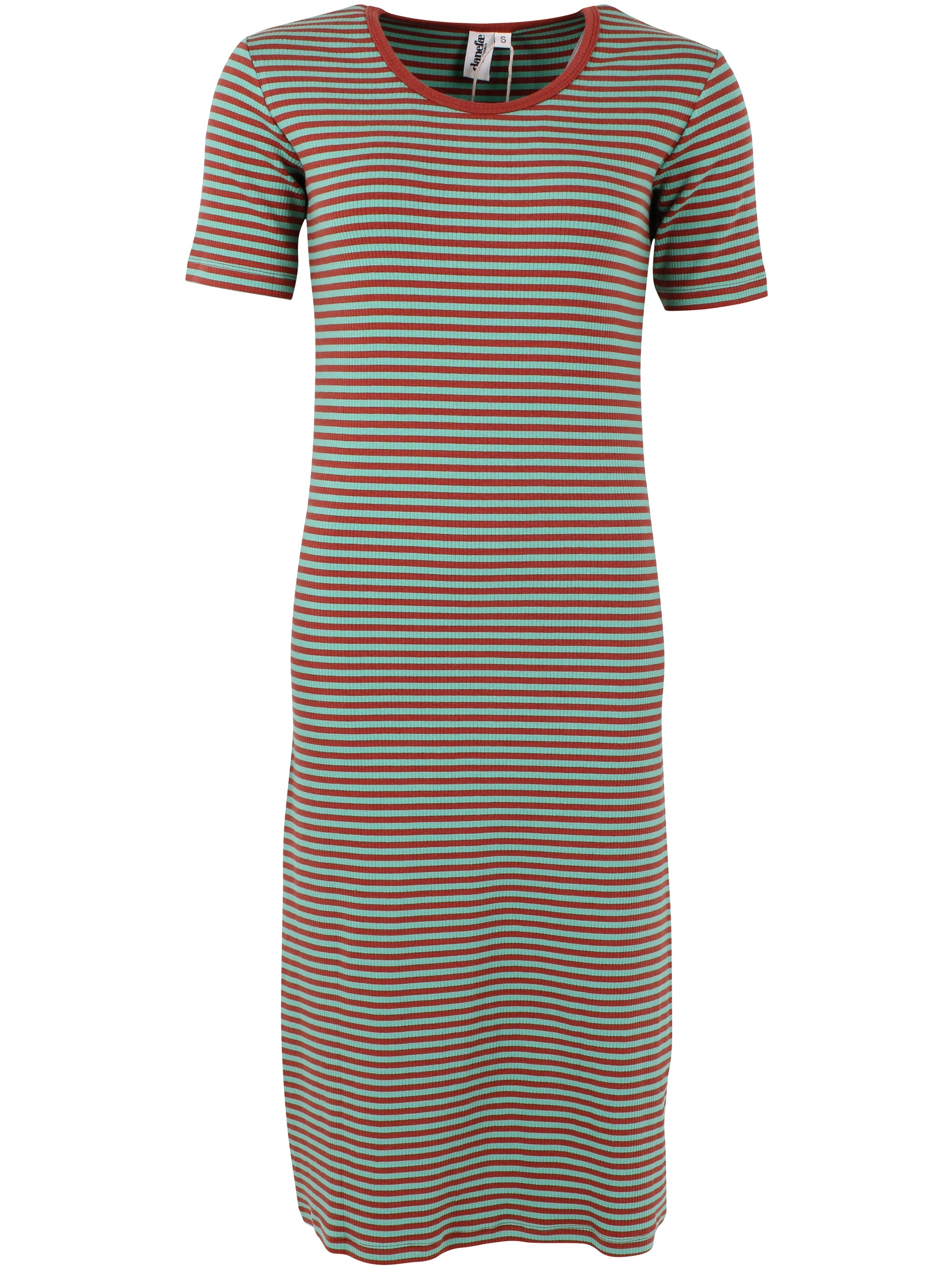 Damen Kleid kurzarm mit Ringeln in mint und rost aus schwerer Rib-Qualität Baumwolle.