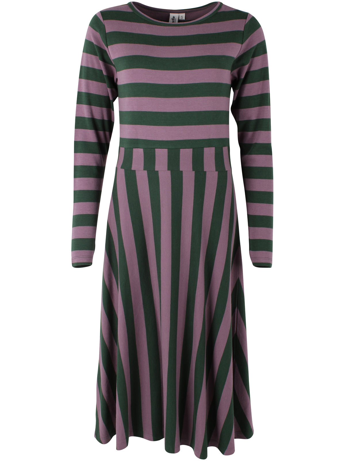 Kleid mit Blockstreifen, Oberteil enganliegend und Rockteil weit schwingend, die Farben oliv und pflaume bilden das perfete Herbstmatch.