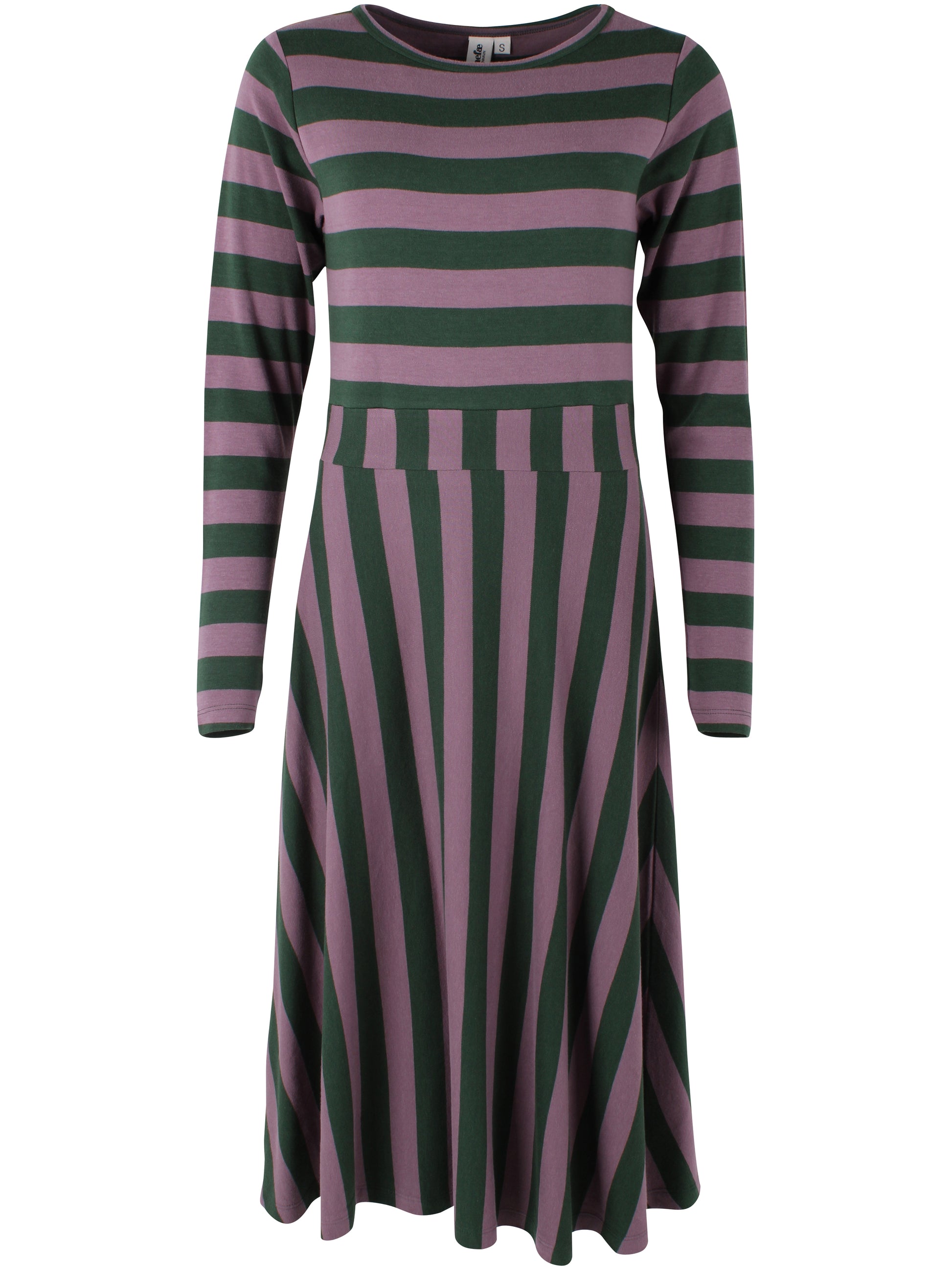 Kleid mit Blockstreifen, Oberteil enganliegend und Rockteil weit schwingend, die Farben oliv und pflaume bilden das perfete Herbstmatch.