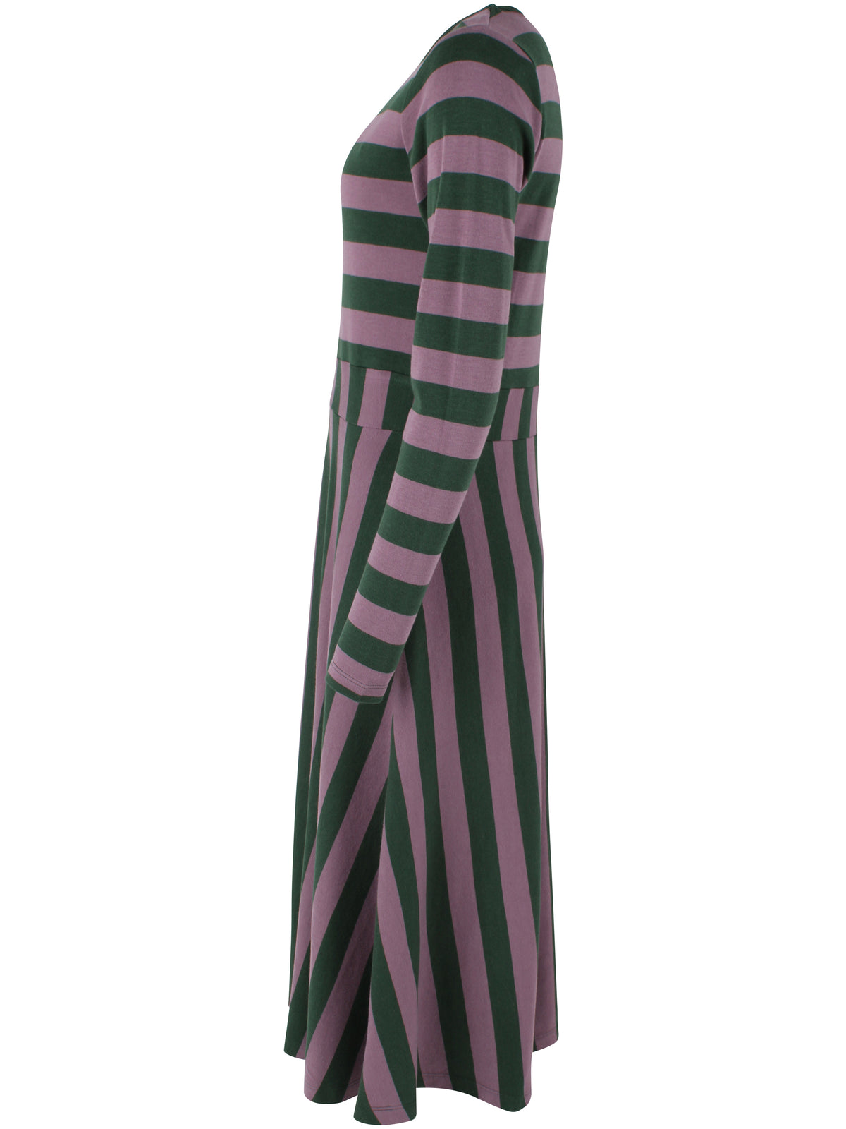Kleid mit Blockstreifen, Oberteil enganliegend und Rockteil weit schwingend, die Farben oliv und pflaume bilden das perfete Herbstmatch.