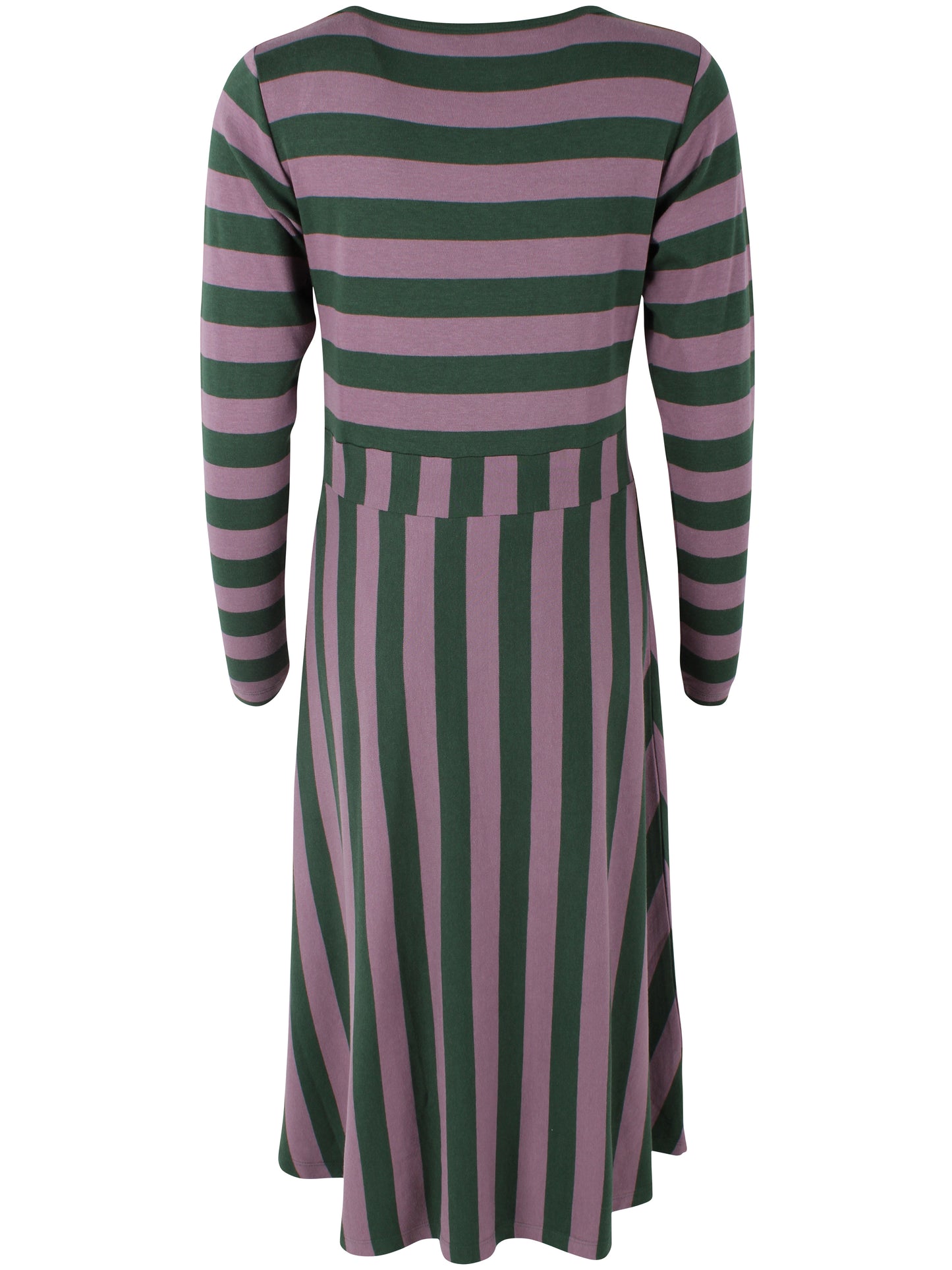 Kleid mit Blockstreifen, Oberteil enganliegend und Rockteil weit schwingend, die Farben oliv und pflaume bilden das perfete Herbstmatch.