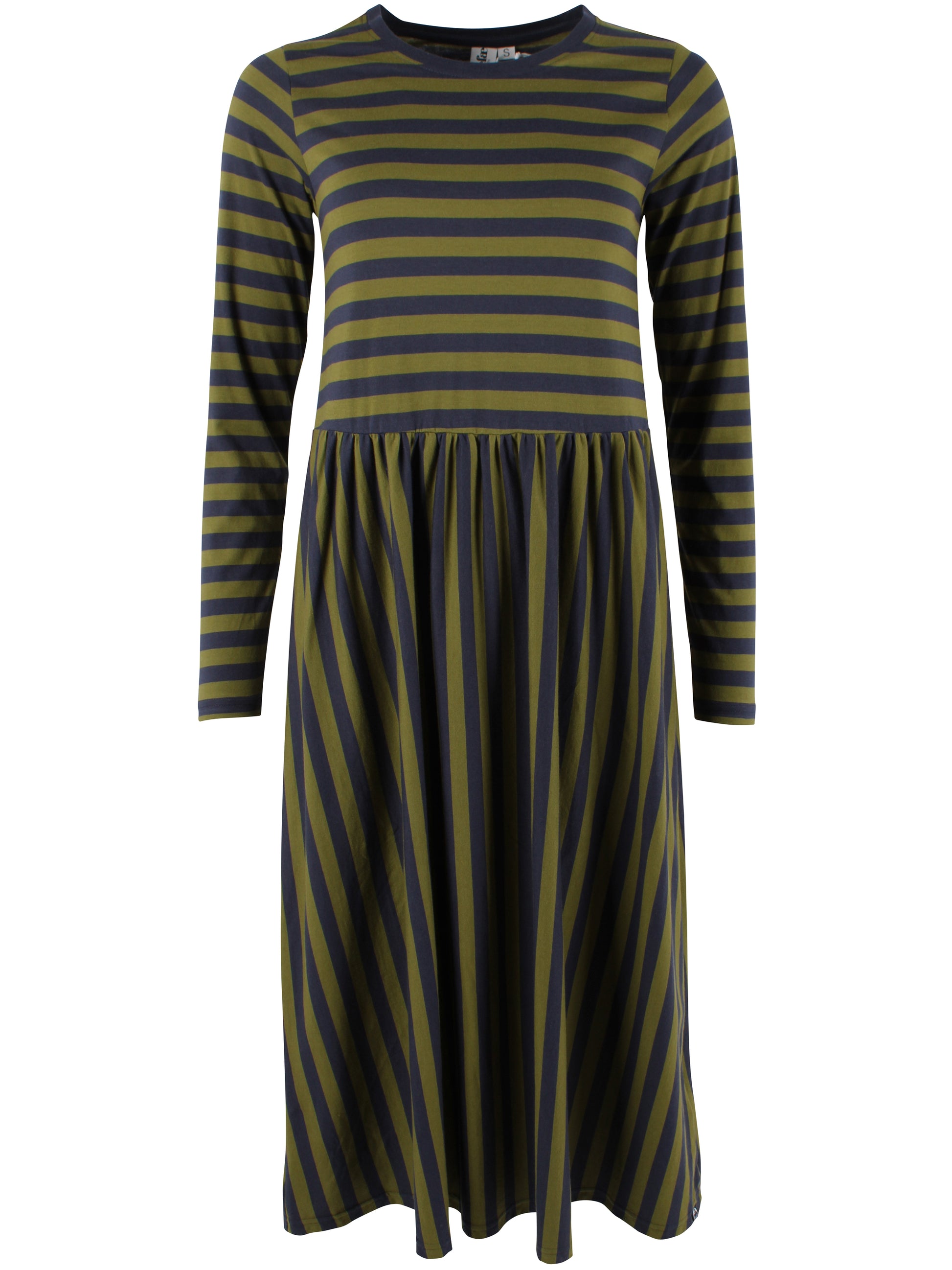 Jersey Ringelkleid mit langen Ärmeln von Danefae, blau und oliv.