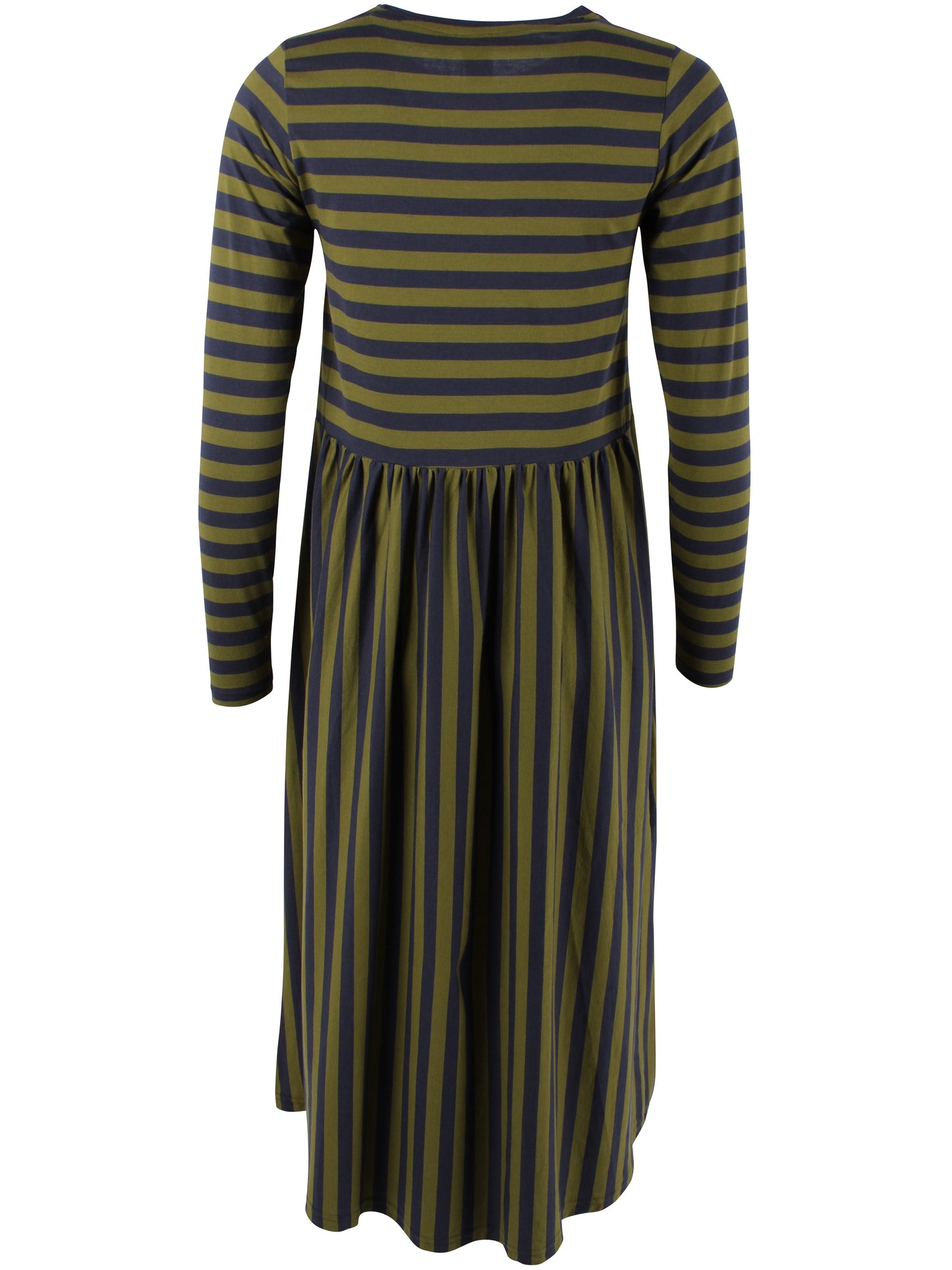 Jersey Ringelkleid mit langen Ärmeln von Danefae, blau und oliv.