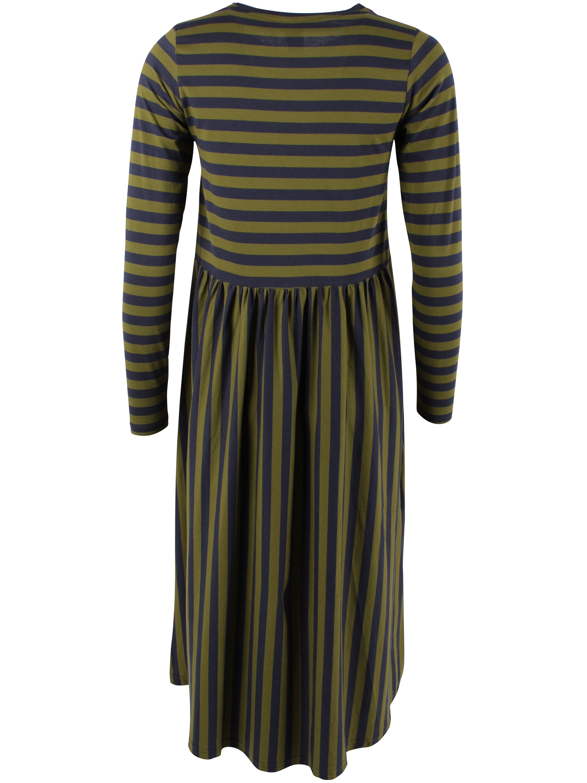 Jersey Ringelkleid mit langen Ärmeln von Danefae, blau und oliv.