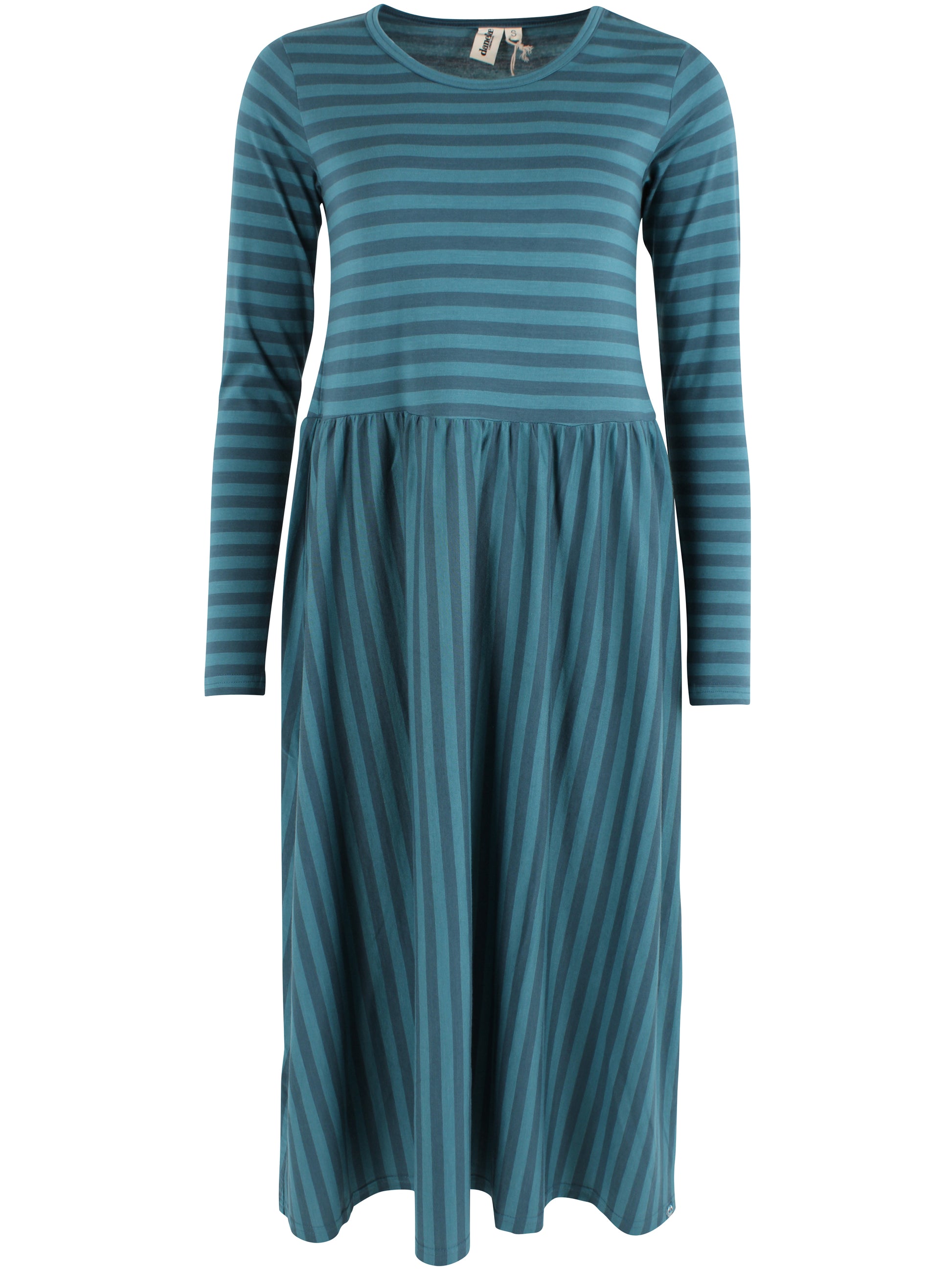 Jersey Ringelkleid mit langen Ärmeln von Danefae, blau und türkis.