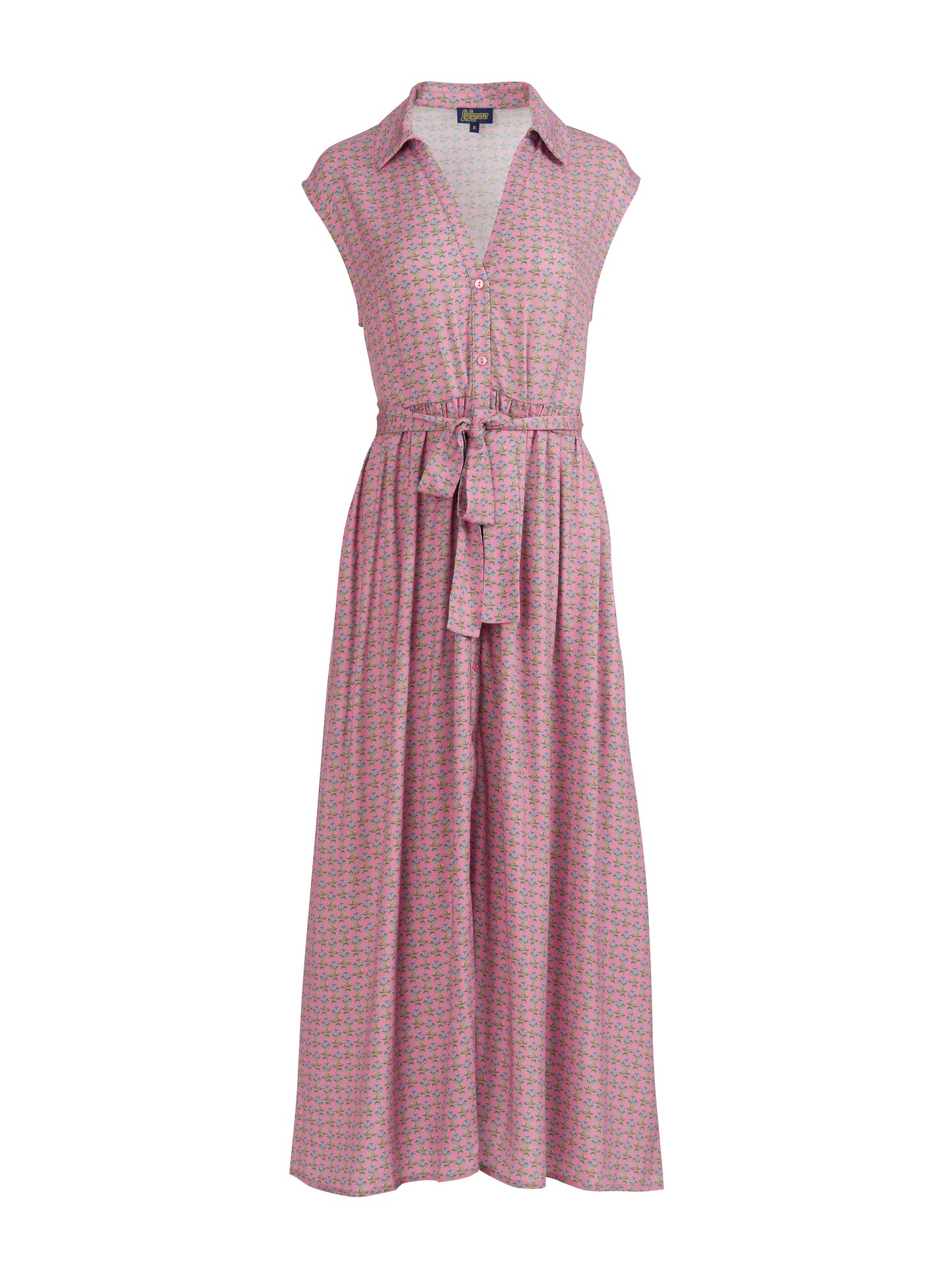 Damen Kleid organic, zart geblümt aus weich fließendem Stoff, wadenlang mit Bindegürtel und seitlichen Eingrifftaschen.