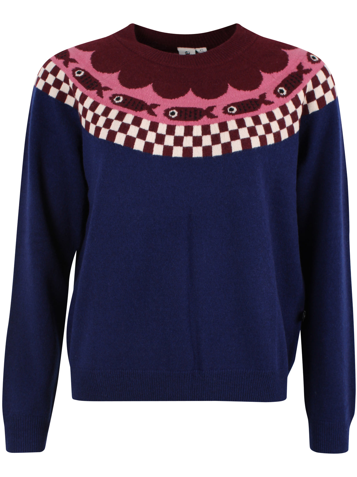 Strickpullover mit fancy Fairisle Style im Checkerboard mit Fischen und Blütenblttern, rosa,bordeau und blau harmonieren perfekt.