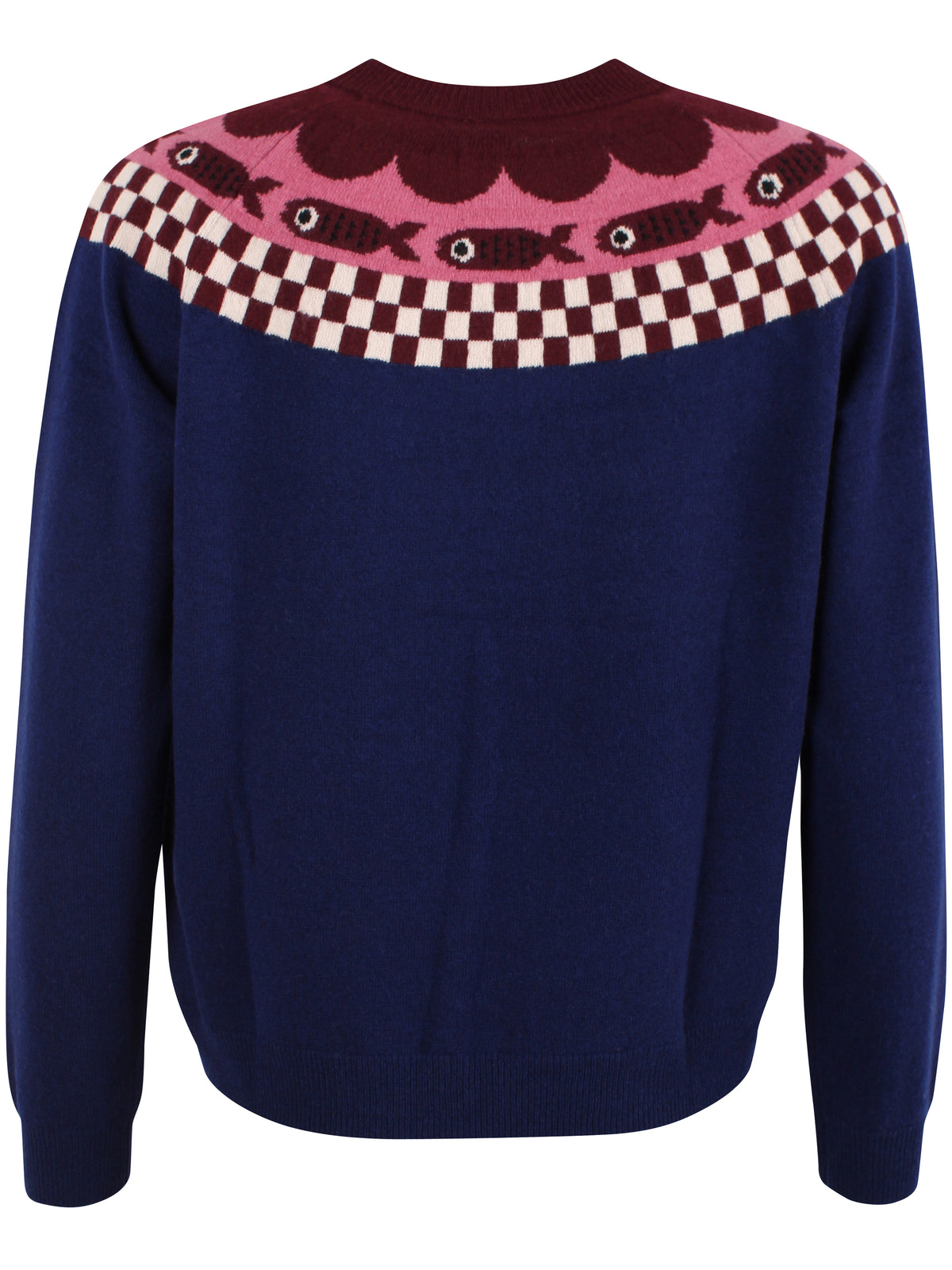 Strickpullover mit fancy Fairisle Style im Checkerboard mit Fischen und Blütenblttern, rosa,bordeau und blau harmonieren perfekt.
